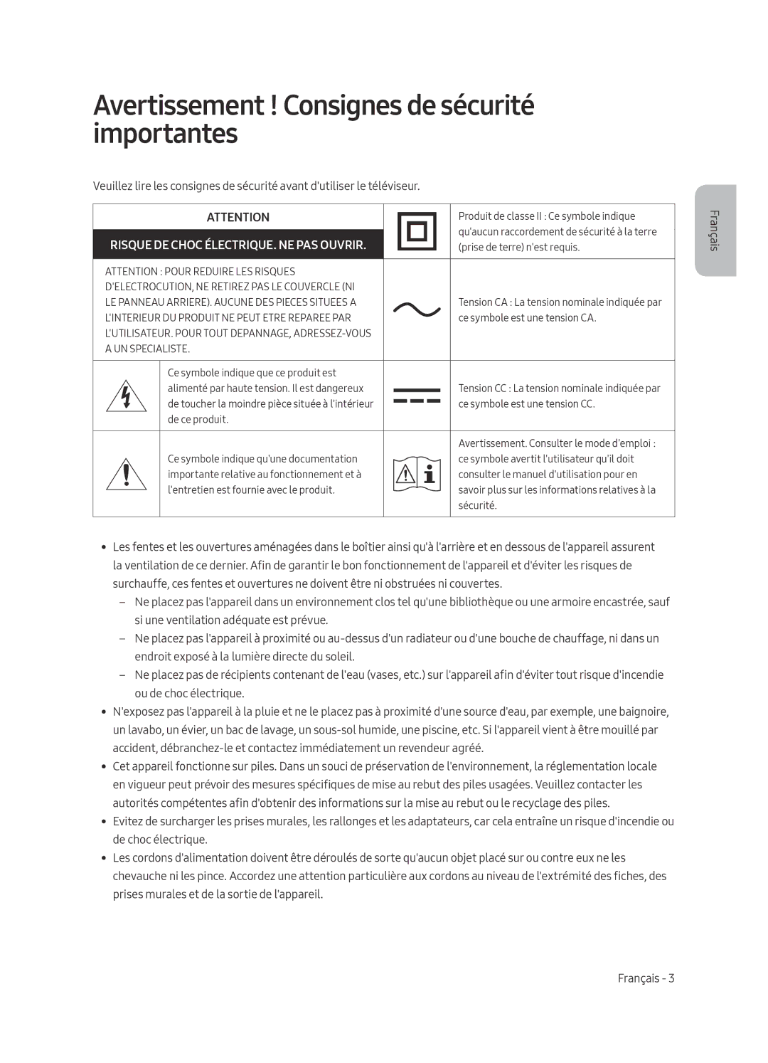 Samsung UE65LS003ASXXN manual Avertissement ! Consignes de sécurité importantes, Risque DE Choc ÉLECTRIQUE. NE PAS Ouvrir 