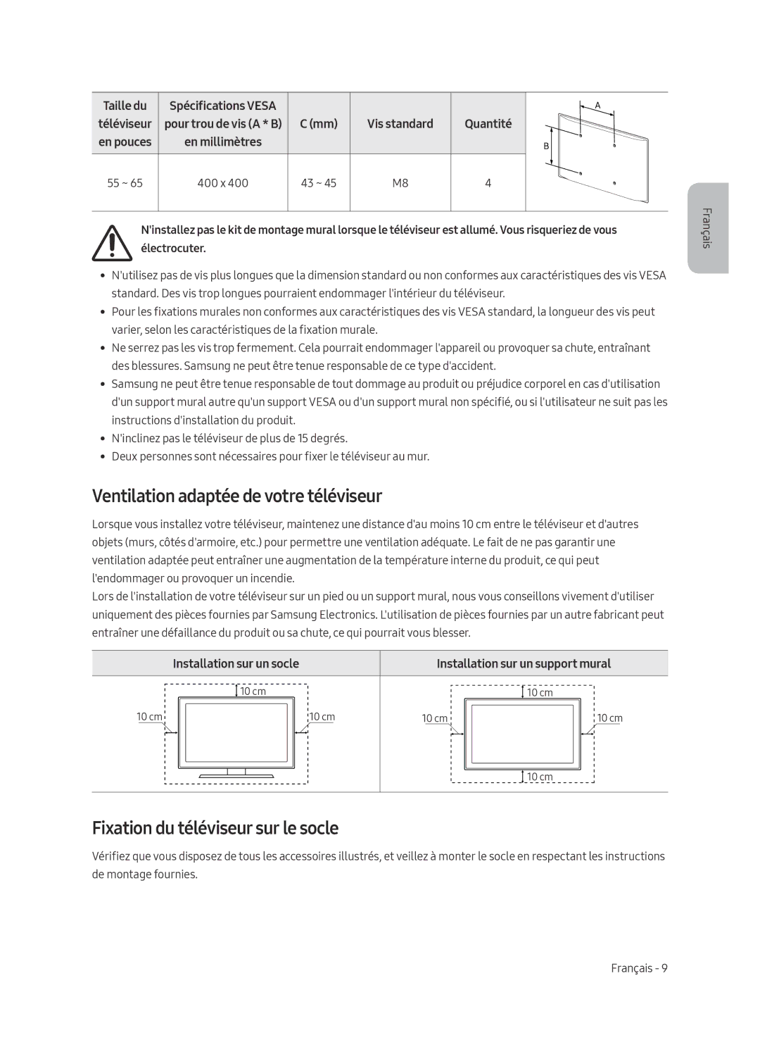 Samsung UE65LS003ASXXN manual Ventilation adaptée de votre téléviseur, Fixation du téléviseur sur le socle, Taille du 