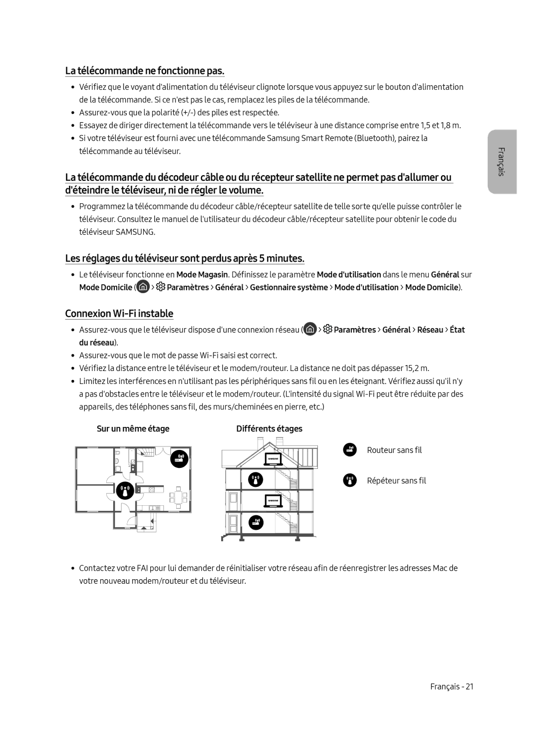 Samsung UE65LS003ASXXN manual La télécommande ne fonctionne pas, Les réglages du téléviseur sont perdus après 5 minutes 