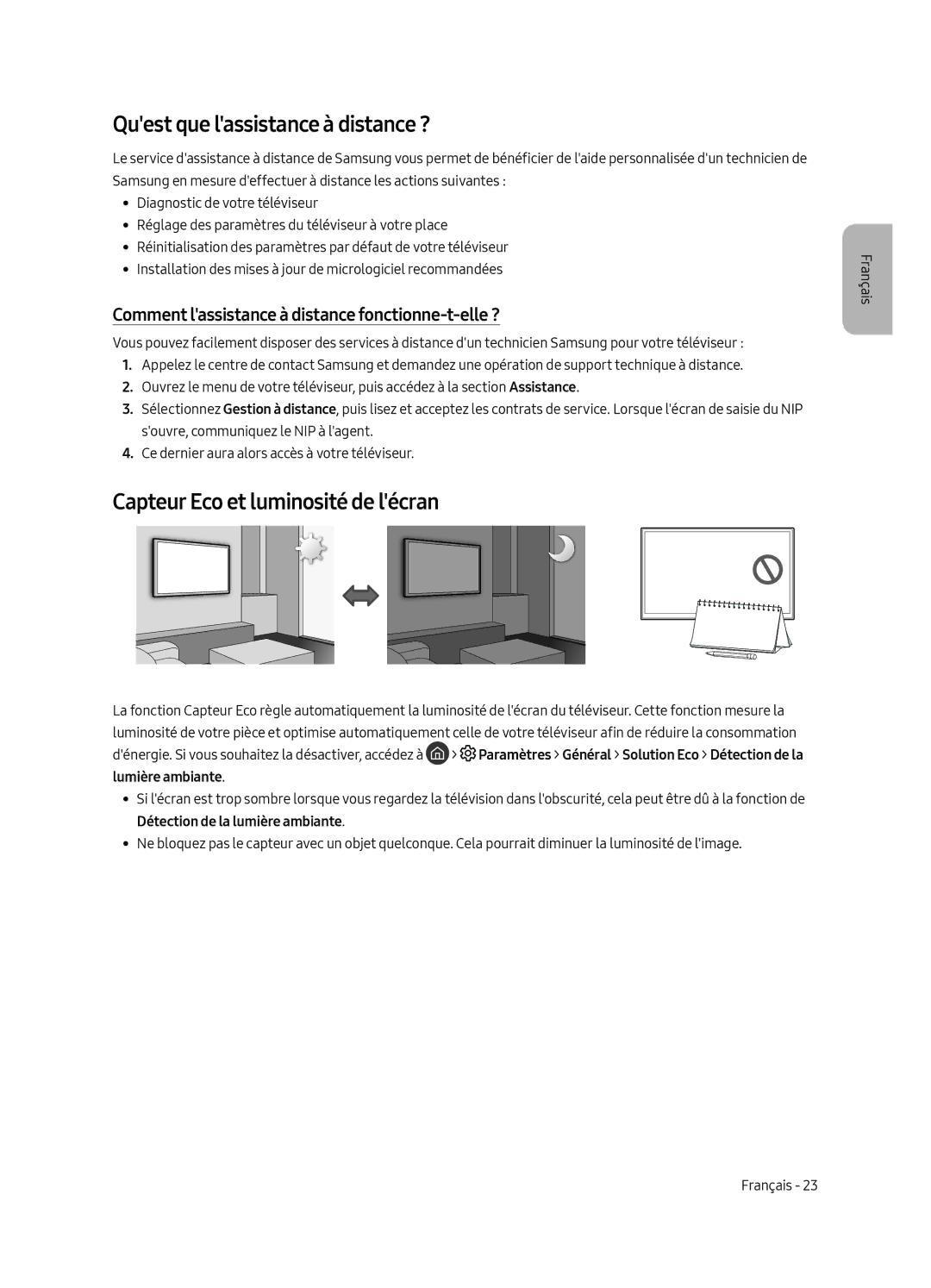 Samsung UE65LS003ASXXN, UE55LS003ASXXN manual Quest que lassistance à distance ?, Capteur Eco et luminosité de lécran 