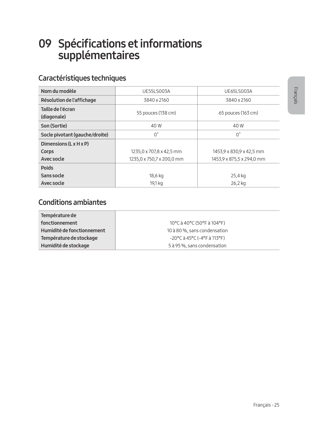 Samsung UE65LS003ASXXN, UE55LS003ASXXN manual Caractéristiques techniques, Conditions ambiantes 