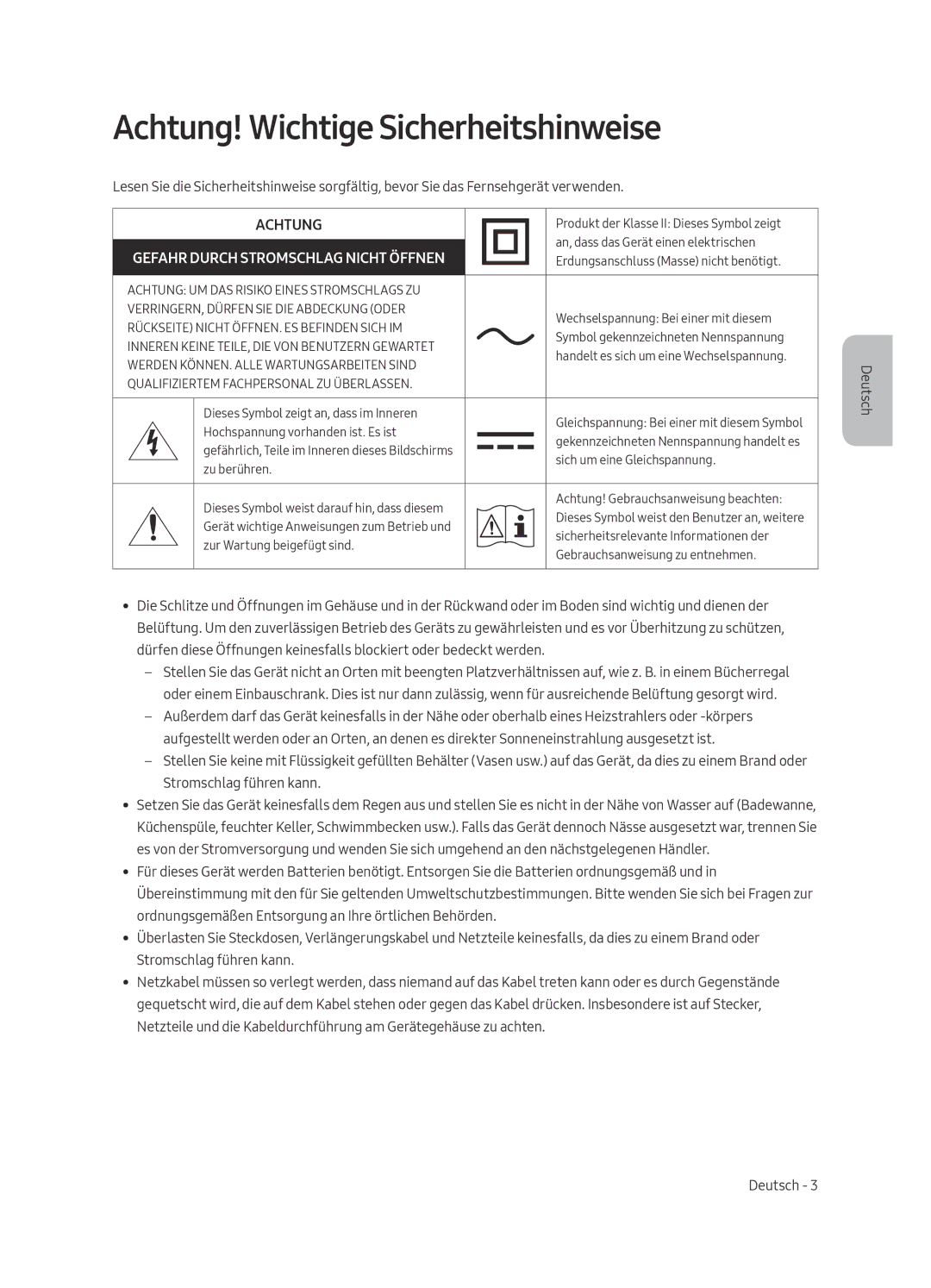 Samsung UE65LS003ASXXN, UE55LS003ASXXN manual Achtung! Wichtige Sicherheitshinweise 