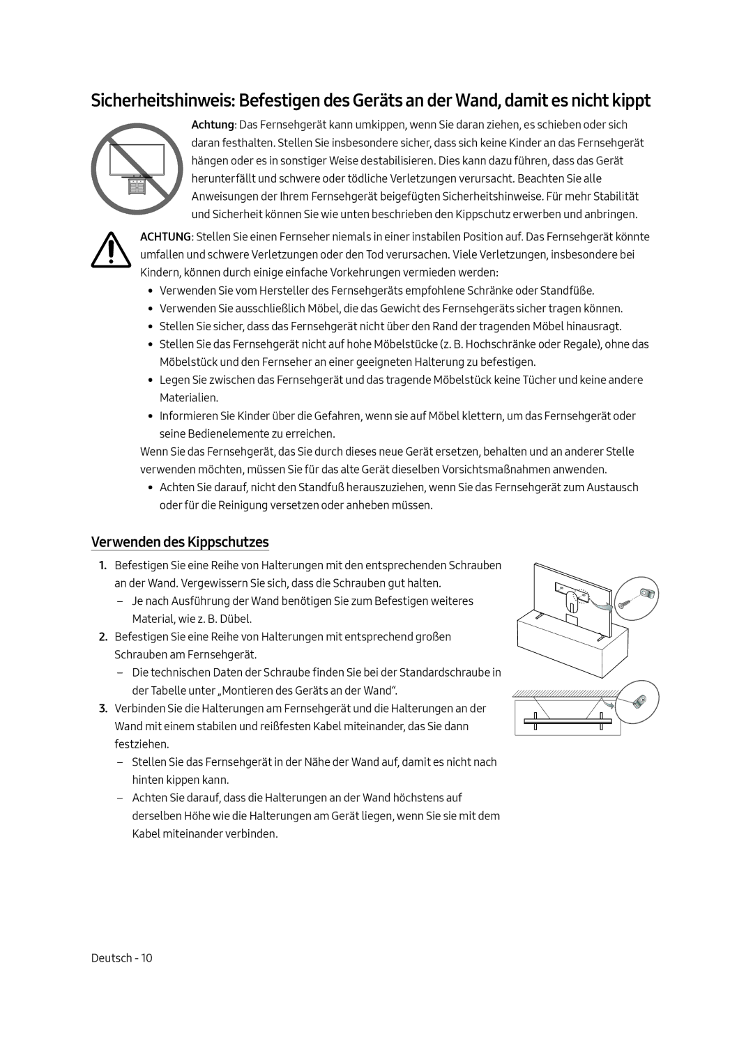 Samsung UE55LS003ASXXN, UE65LS003ASXXN manual Verwenden des Kippschutzes 