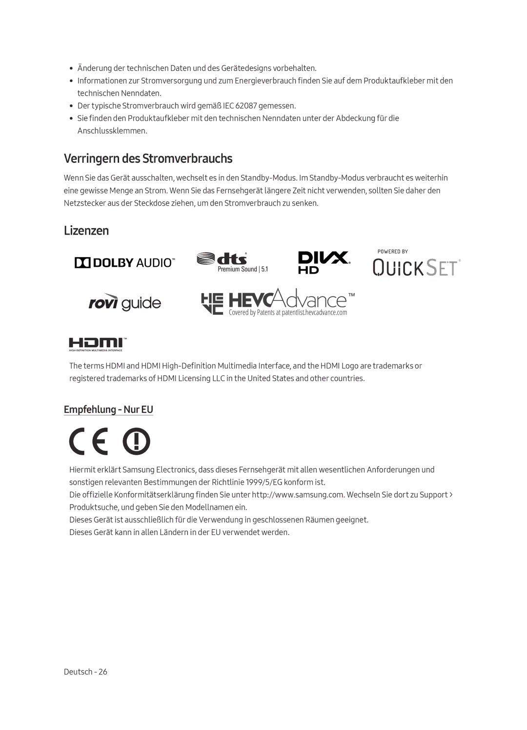 Samsung UE55LS003ASXXN, UE65LS003ASXXN manual Verringern des Stromverbrauchs, Lizenzen, Empfehlung Nur EU 