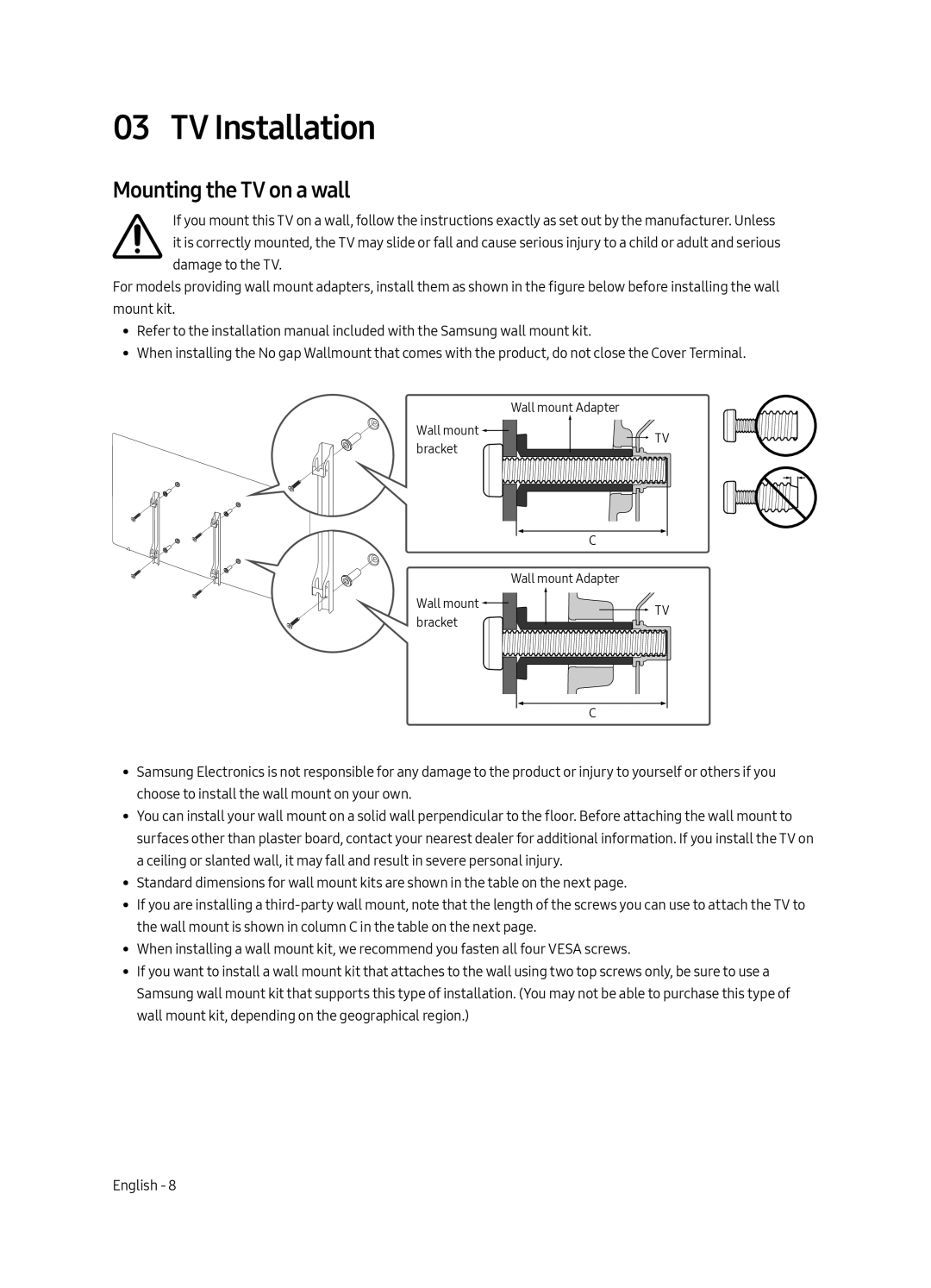 Samsung UE55LS003ASXXN, UE65LS003ASXXN manual TV Installation, Mounting the TV on a wall 