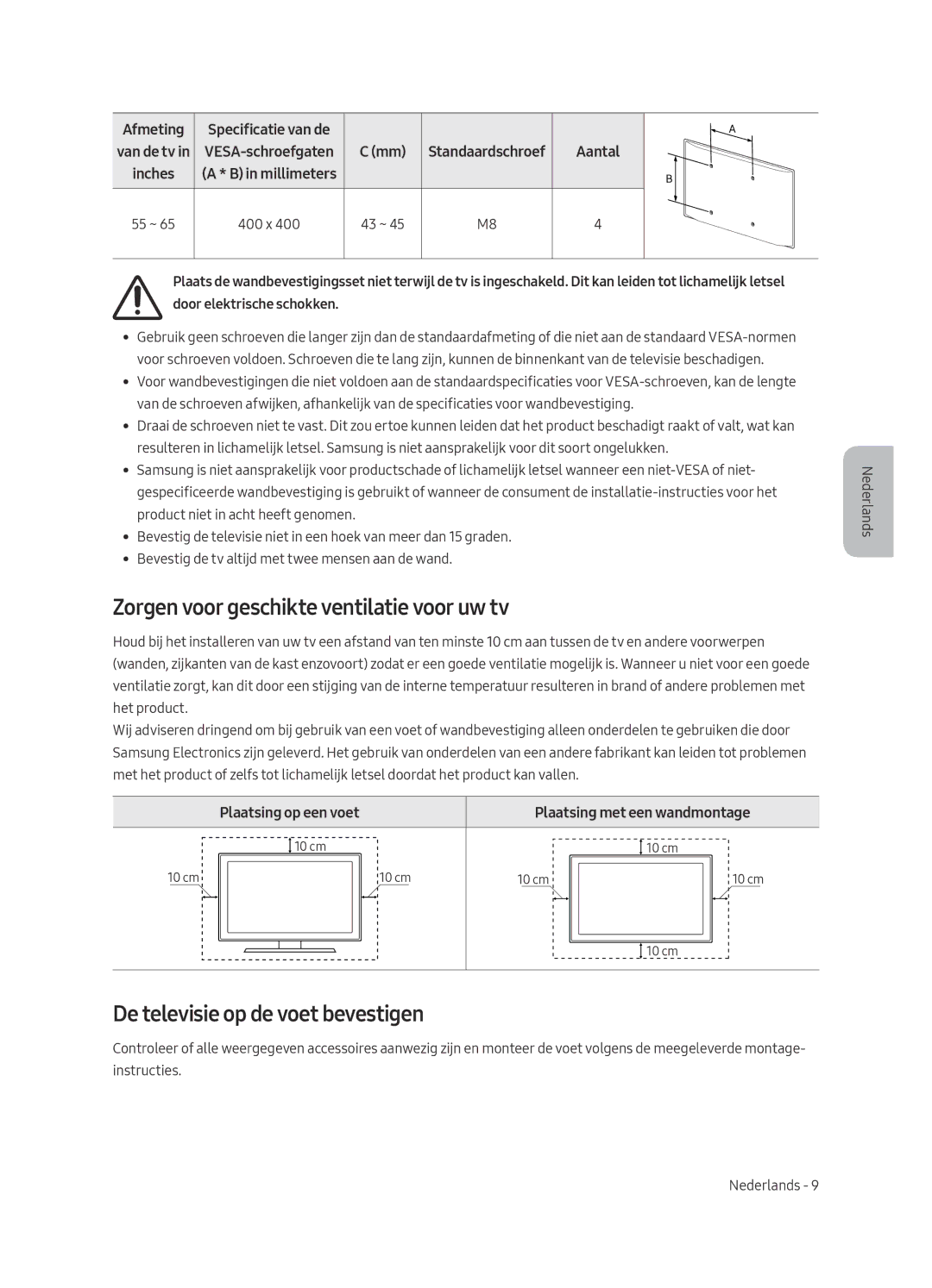 Samsung UE65LS003ASXXN manual Zorgen voor geschikte ventilatie voor uw tv, De televisie op de voet bevestigen, Inches 