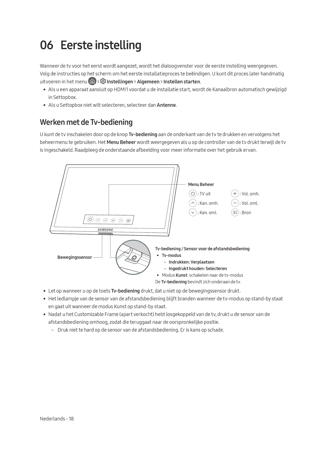 Samsung UE55LS003ASXXN, UE65LS003ASXXN manual Eerste instelling, Werken met de Tv-bediening 