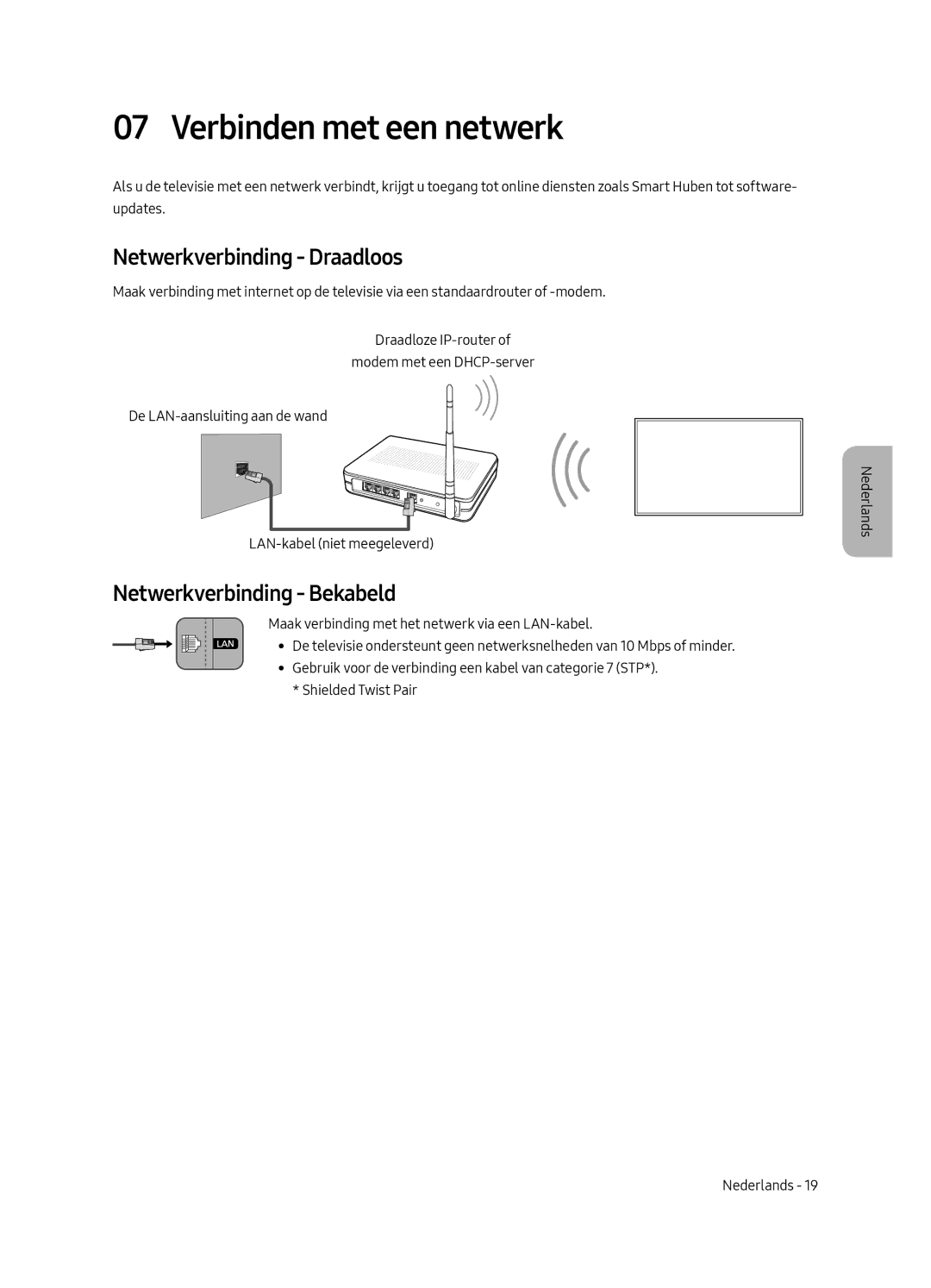 Samsung UE65LS003ASXXN, UE55LS003ASXXN Verbinden met een netwerk, Netwerkverbinding Draadloos, Netwerkverbinding Bekabeld 