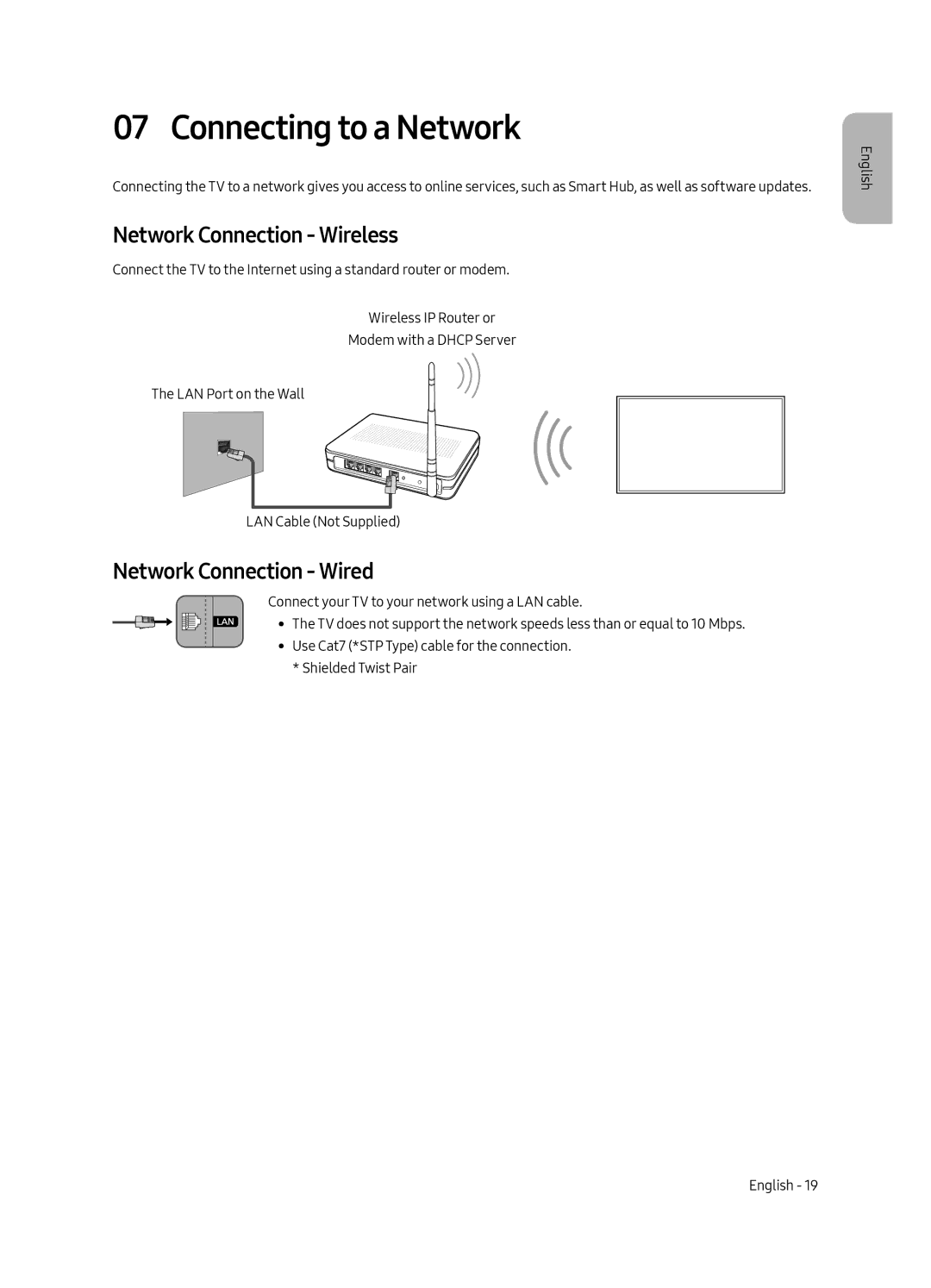 Samsung UE65LS003AUXSQ, UE55LS003AUXSQ manual Connecting to a Network, Network Connection Wireless, Network Connection Wired 