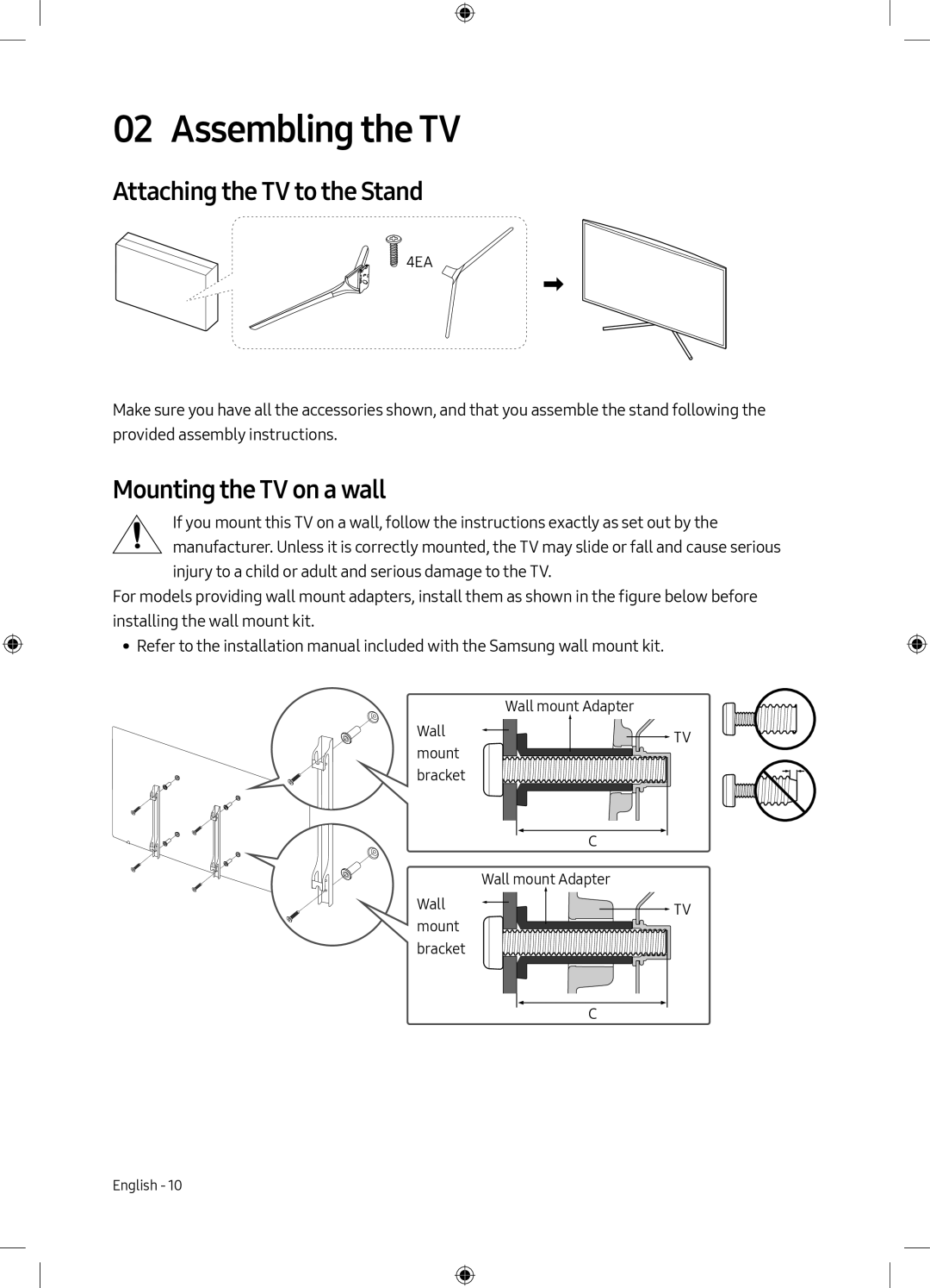 Samsung UE55M5500AKXXU, UE55M5500AKXZT manual Assembling the TV, Attaching the TV to the Stand, Mounting the TV on a wall 