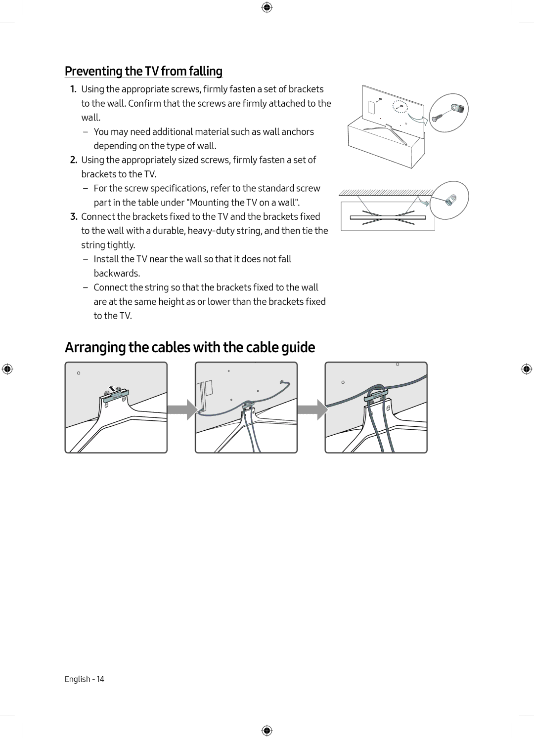 Samsung UE55M5500AKXZT, UE32M5500AKXZT manual Arranging the cables with the cable guide, Preventing the TV from falling 