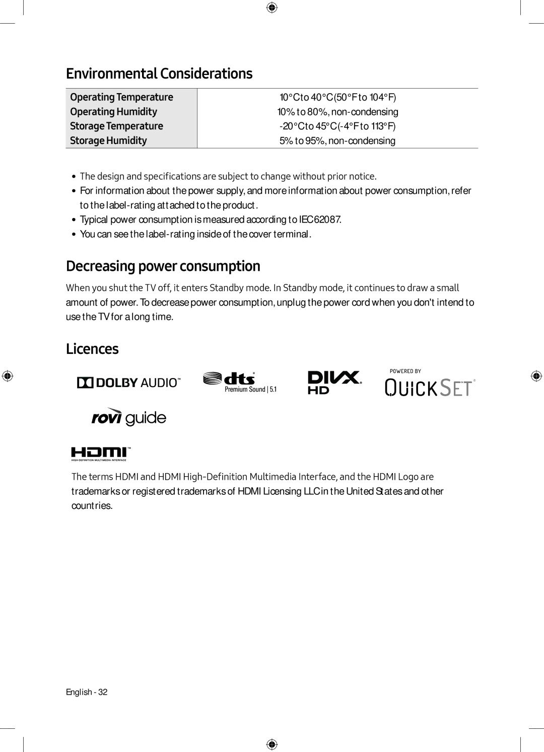 Samsung UE49M5600AKXXU, UE55M5500AKXZT, UE32M5500AKXZT Environmental Considerations, Decreasing power consumption, Licences 