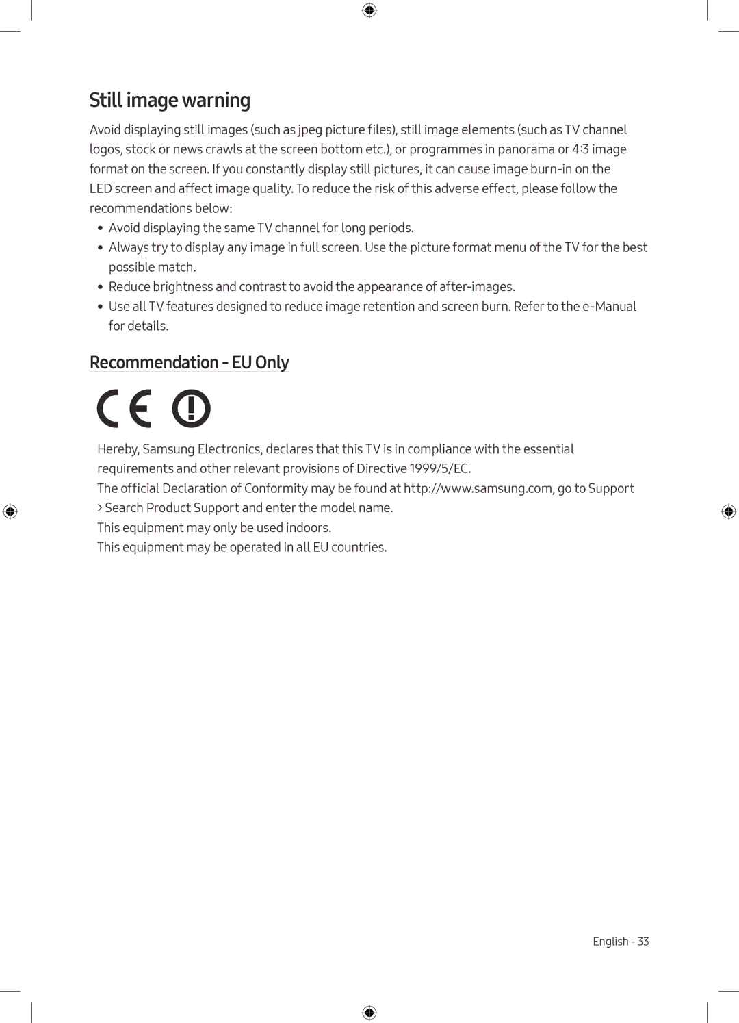 Samsung UE32M5500AKXXU, UE55M5500AKXZT, UE32M5500AKXZT, UE49M5500AKXZT manual Still image warning, Recommendation EU Only 