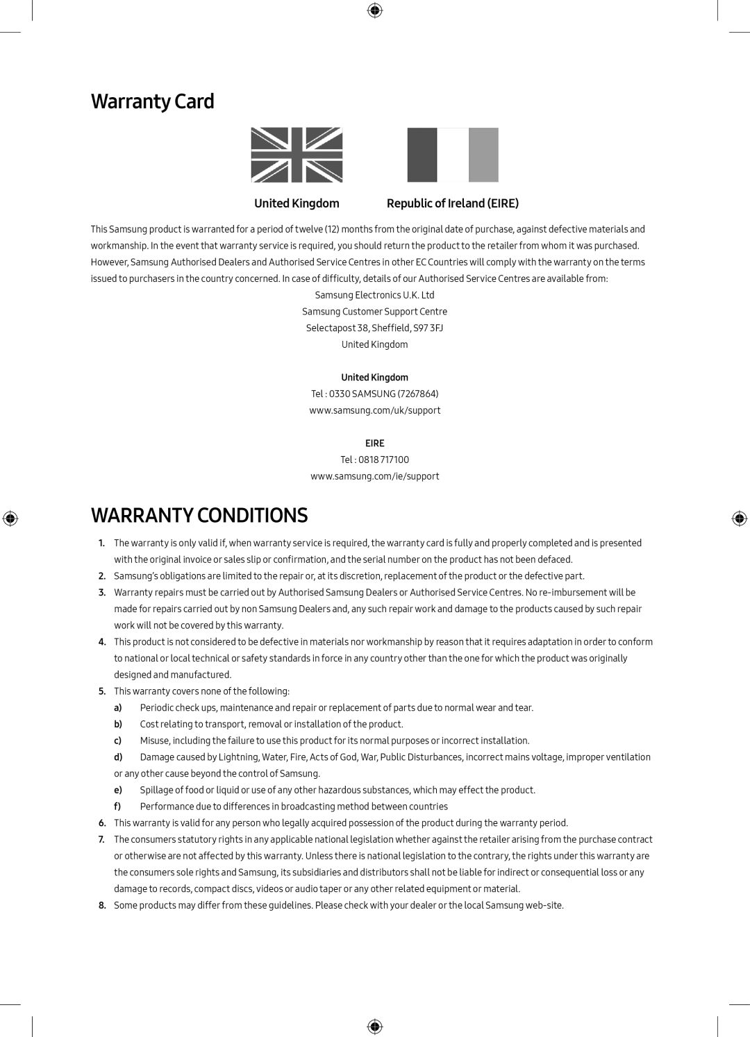 Samsung UE32M5500AKXZT, UE55M5500AKXZT, UE49M5500AKXZT, UE55M5500AKXXU, UE49M5600AKXXU manual Warranty Card, United Kingdom 