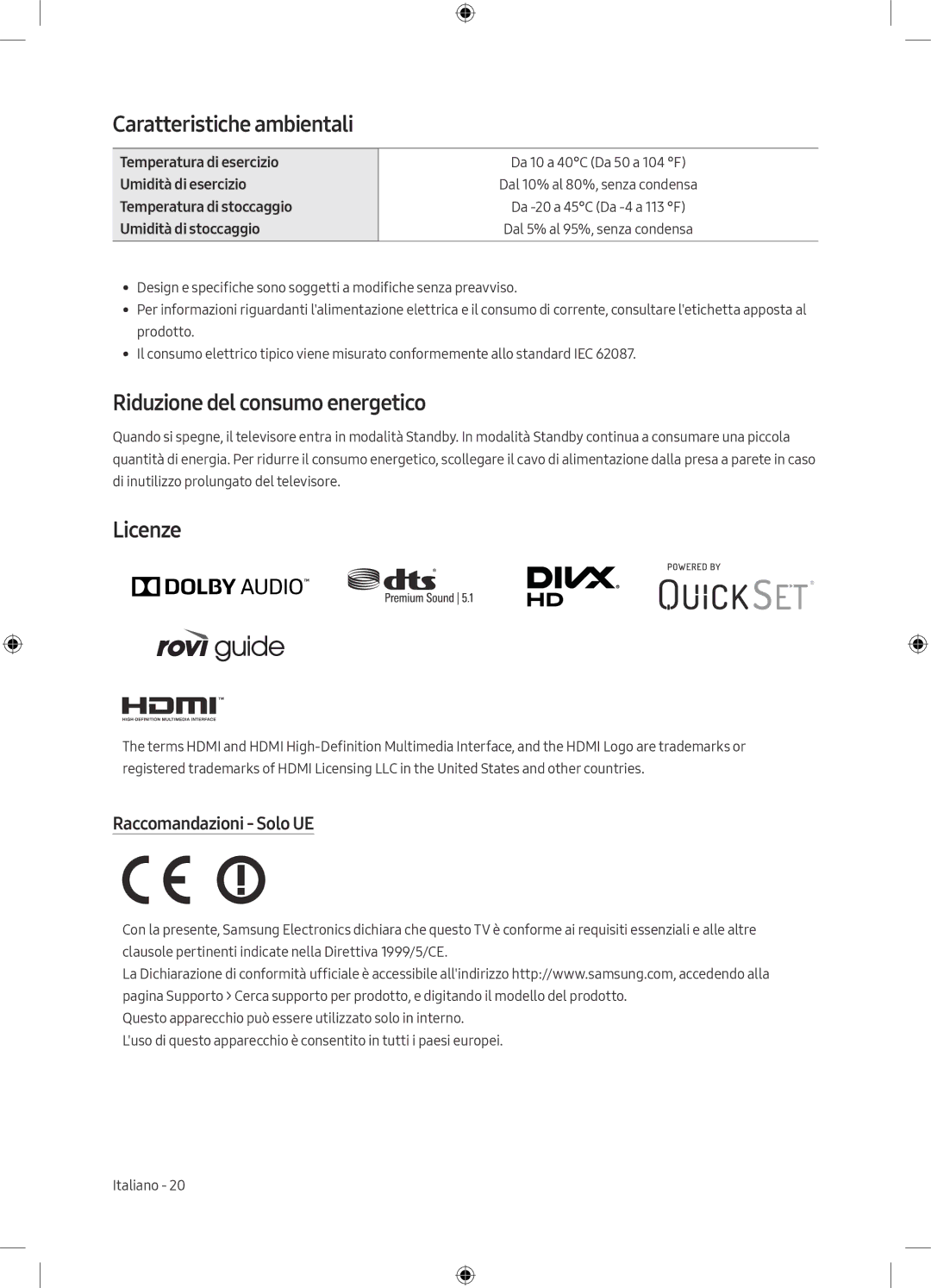 Samsung UE55M5500AKXZT Caratteristiche ambientali, Riduzione del consumo energetico, Licenze, Raccomandazioni Solo UE 