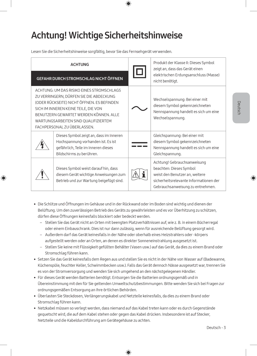 Samsung UE49M5500AKXZT, UE55M5500AKXZT, UE55M5500AKXXU, UE49M5500AKXXU manual Achtung! Wichtige Sicherheitshinweise 