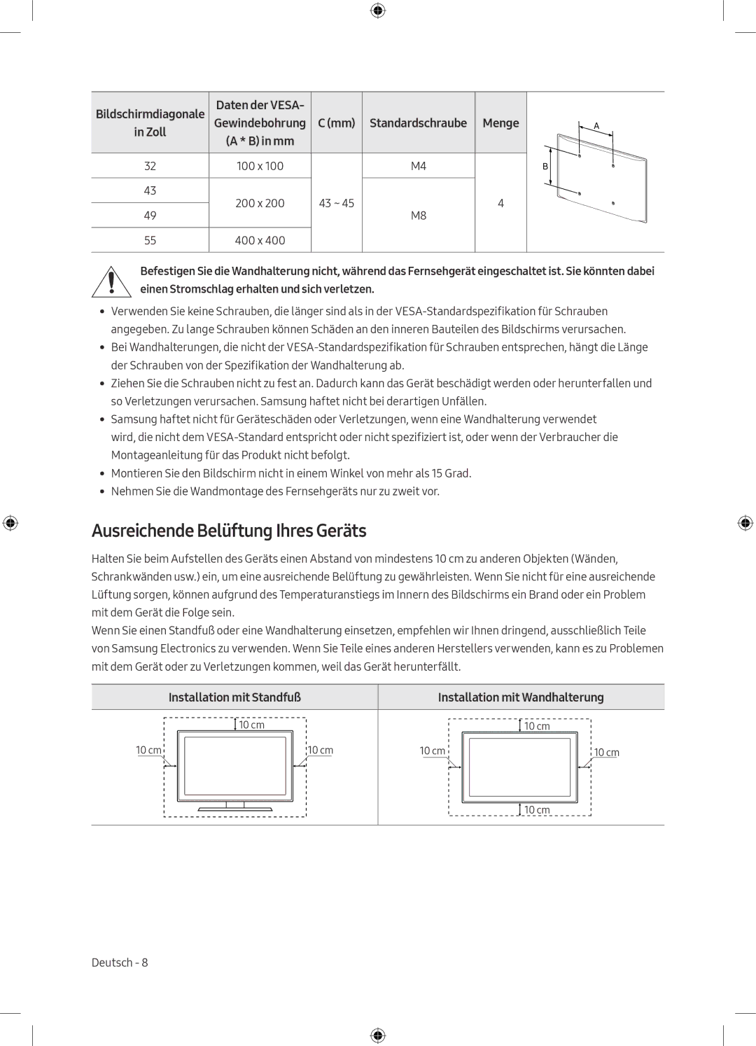 Samsung UE55M5500AKXXU, UE55M5500AKXZT, UE49M5500AKXZT, UE49M5500AKXXU manual Ausreichende Belüftung Ihres Geräts 