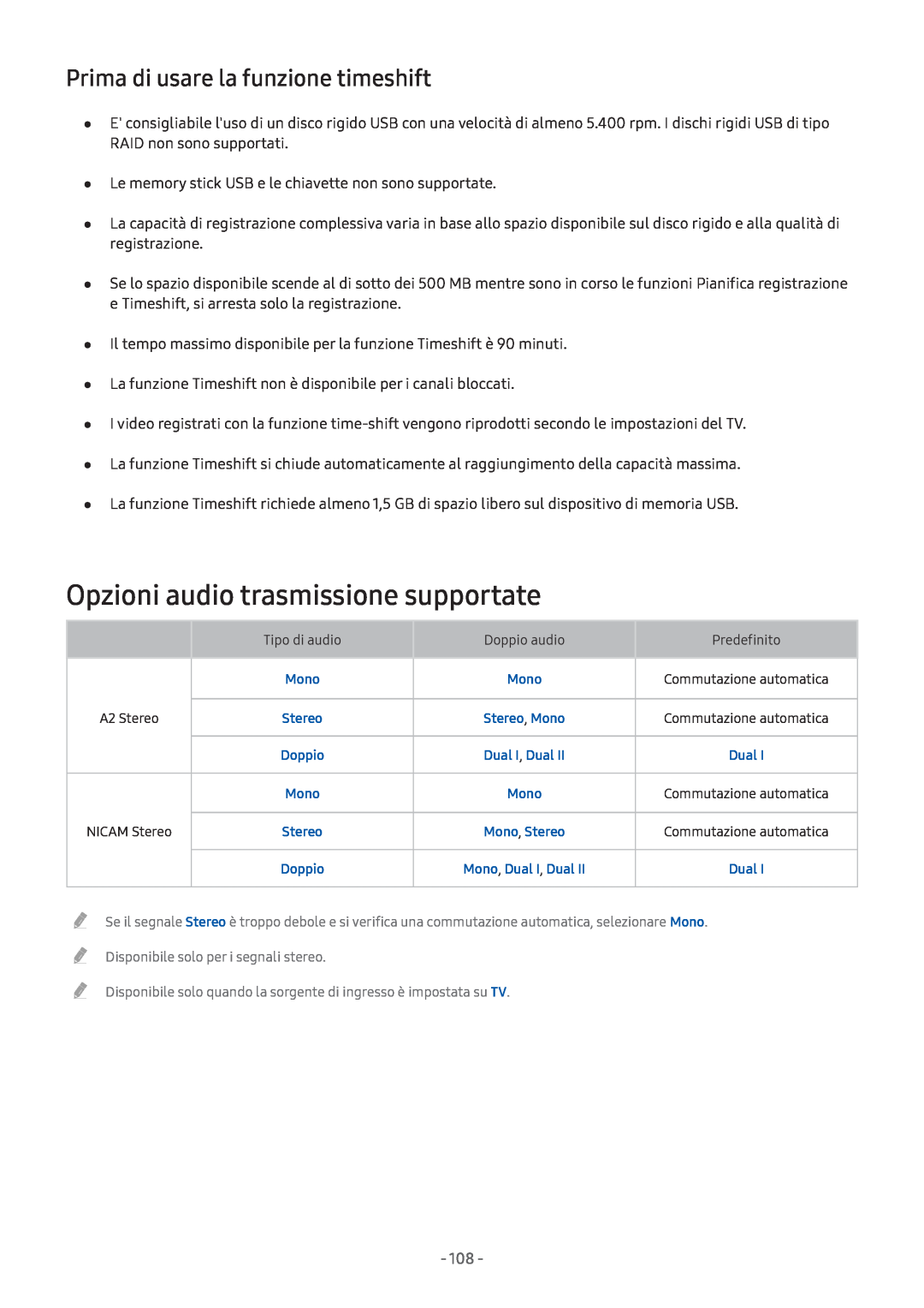Samsung UE32M5590AUXZG, UE55M5570AUXZG manual Opzioni audio trasmissione supportate, Prima di usare la funzione timeshift 