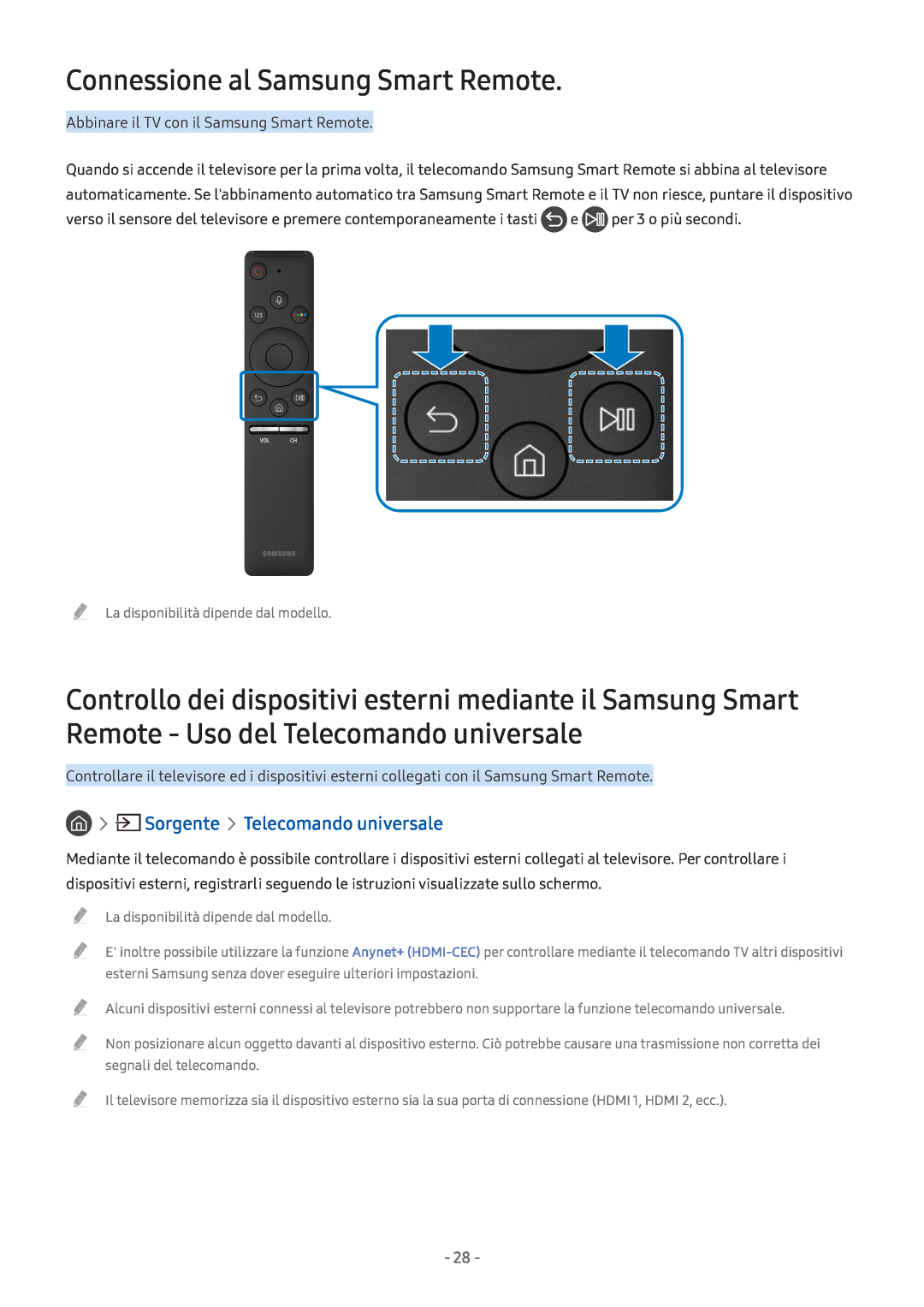 Samsung UE55M6302AKXXH, UE55M5570AUXZG, UE49M5580AUXZG Connessione al Samsung Smart Remote, Sorgente Telecomando universale 