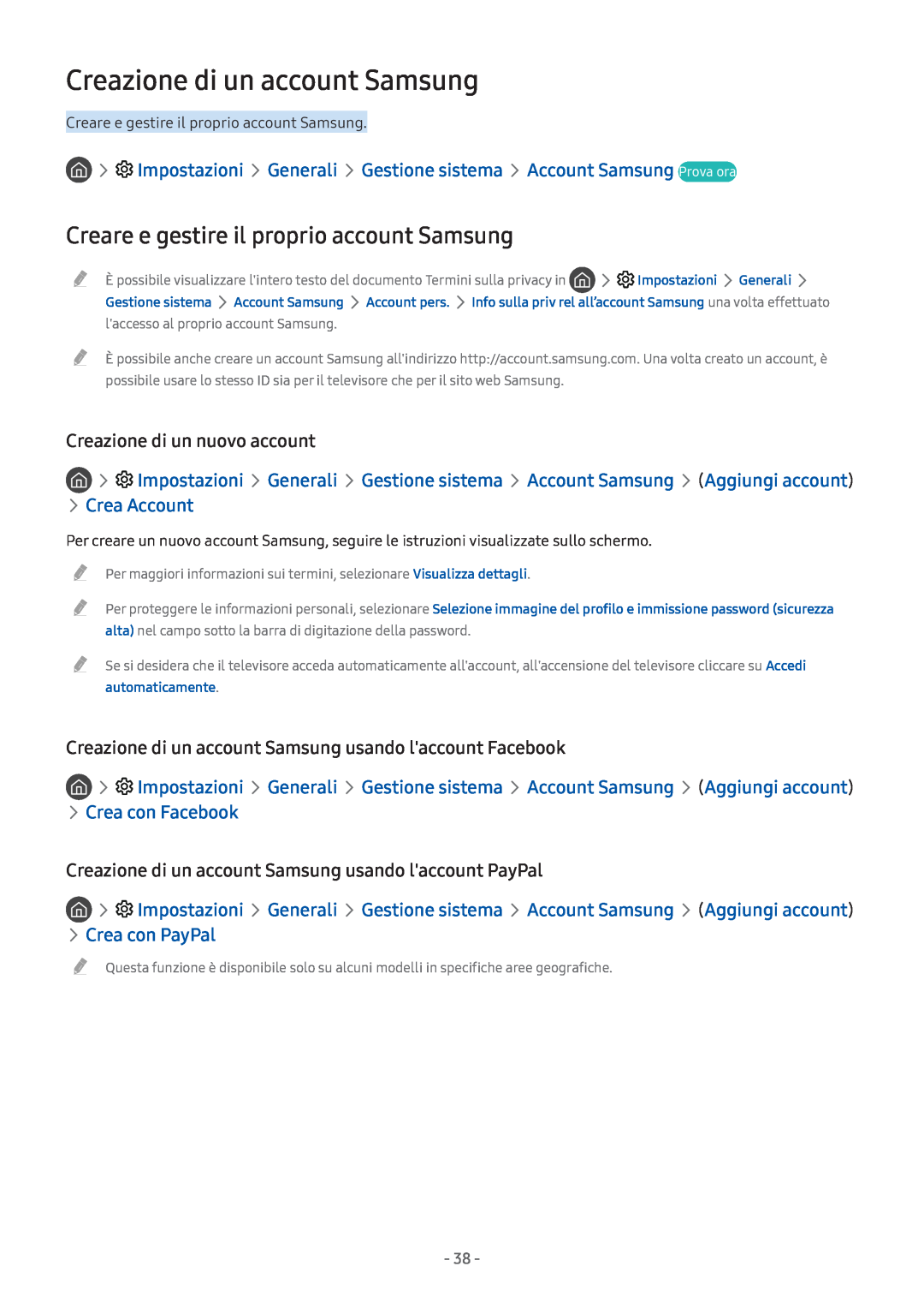 Samsung UE32M5650AUXZG manual Creazione di un account Samsung, Creare e gestire il proprio account Samsung, Crea Account 