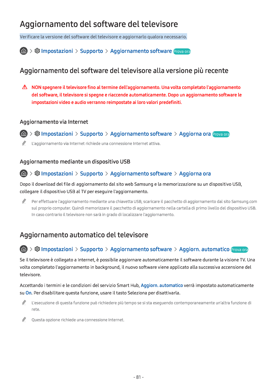 Samsung UE55M6320AKXZT Impostazioni Supporto Aggiornamento software Prova ora, Aggiorna ora, Aggiornamento via Internet 