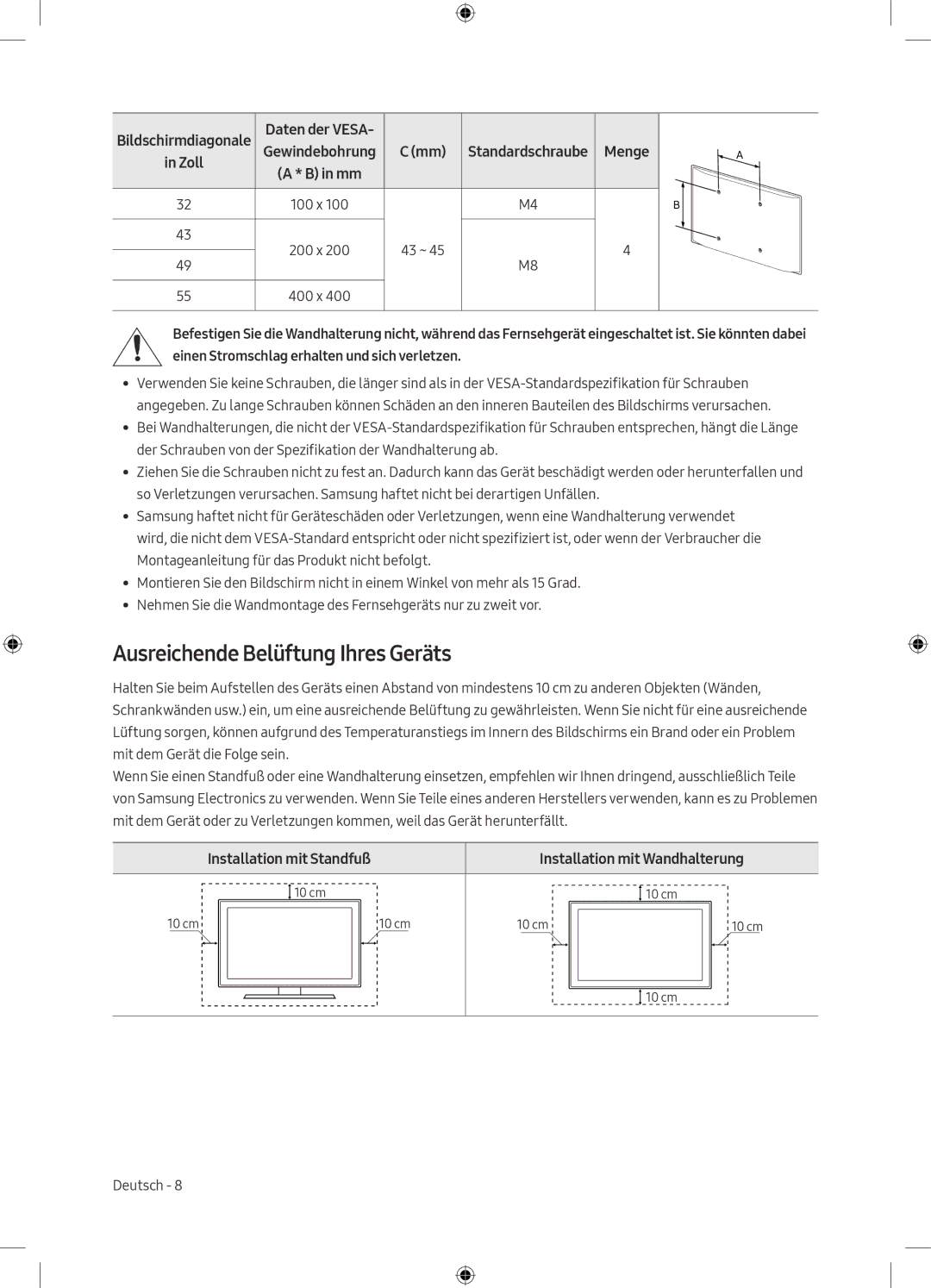 Samsung UE49M5580AUXZG, UE55M5570AUXZG, UE49M5649AUXZG, UE55M5580AUXZG Ausreichende Belüftung Ihres Geräts, Daten der Vesa 