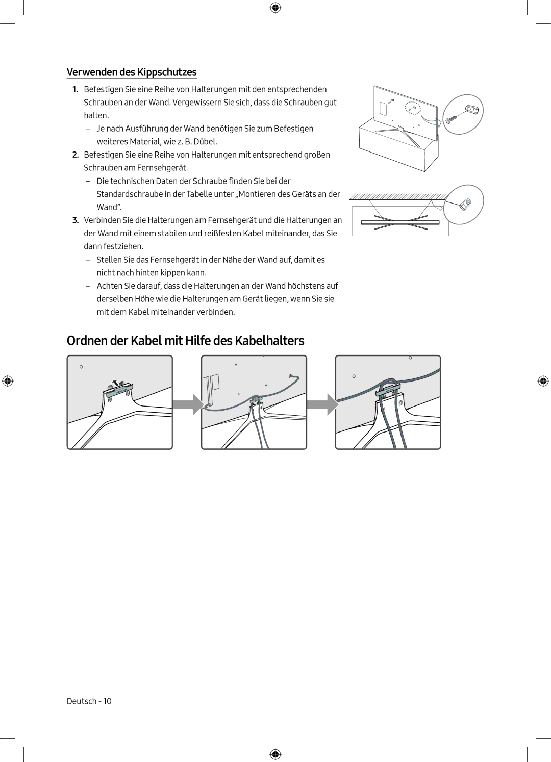 Samsung UE55M5580AUXZG, UE55M5570AUXZG manual Ordnen der Kabel mit Hilfe des Kabelhalters, Verwenden des Kippschutzes 