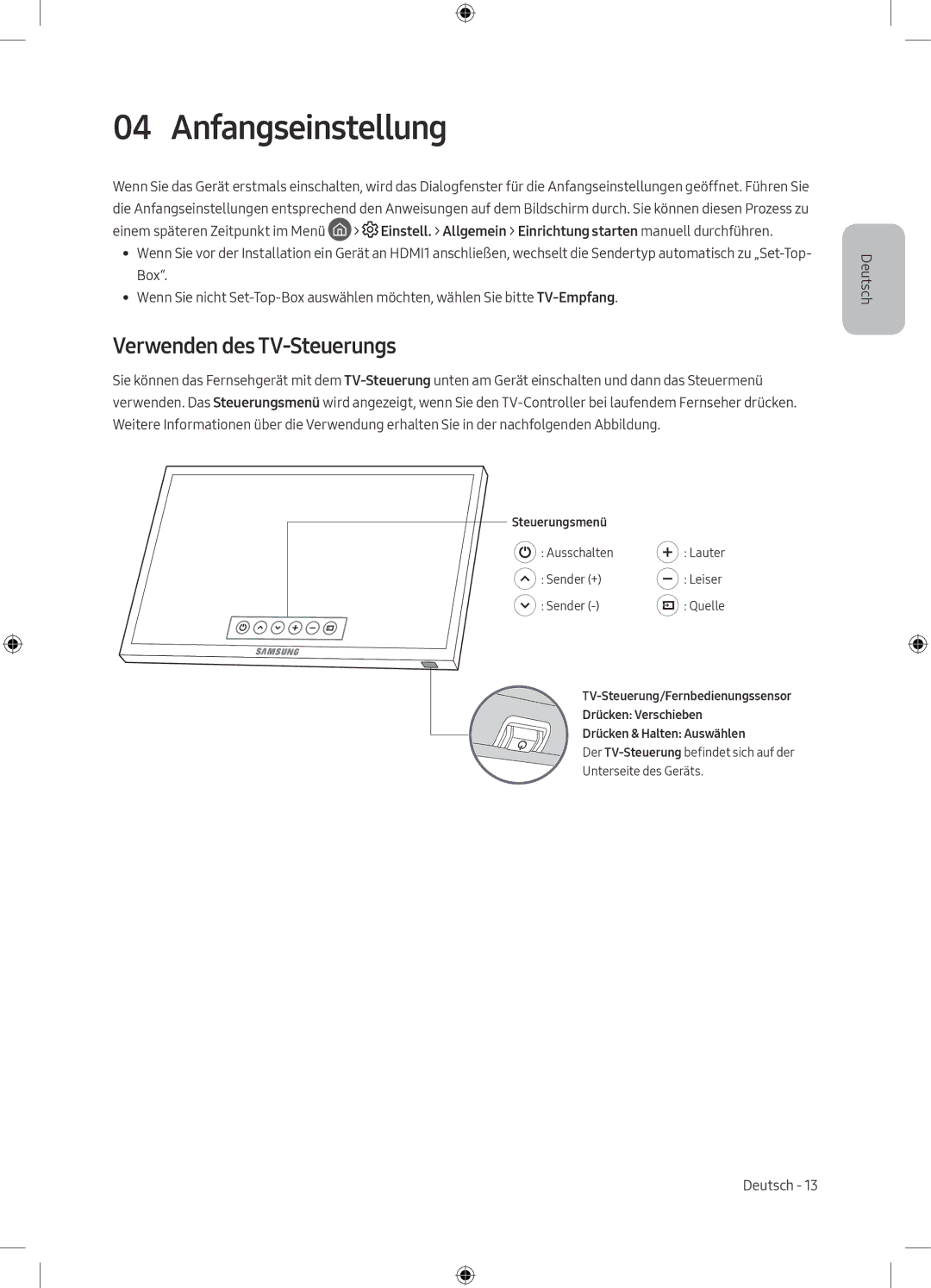 Samsung UE49M5670AUXZG, UE55M5570AUXZG, UE49M5580AUXZG, UE49M5649AUXZG manual Anfangseinstellung, Verwenden des TV-Steuerungs 