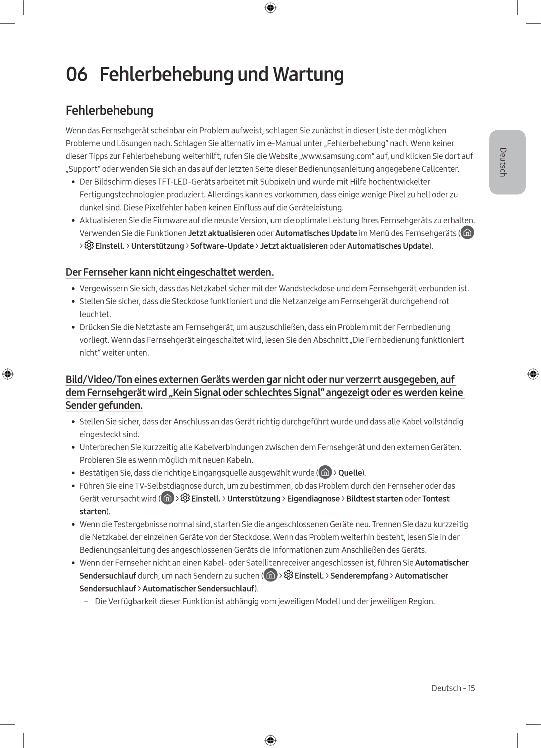 Samsung UE49M5640AUXZG, UE55M5570AUXZG manual Fehlerbehebung und Wartung, Der Fernseher kann nicht eingeschaltet werden 