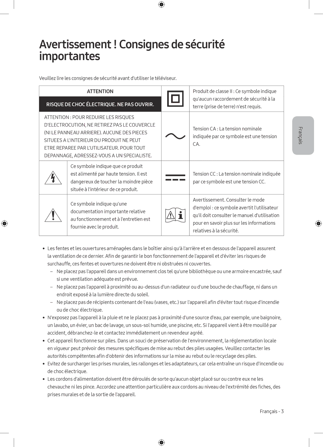 Samsung UE43M5570AUXZG manual Avertissement ! Consignes de sécurité importantes, Risque DE Choc ÉLECTRIQUE. NE PAS Ouvrir 