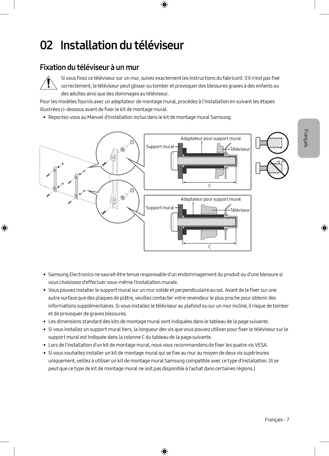 Samsung UE49M5649AUXZG, UE55M5570AUXZG, UE49M5580AUXZG manual Installation du téléviseur, Fixation du téléviseur à un mur 