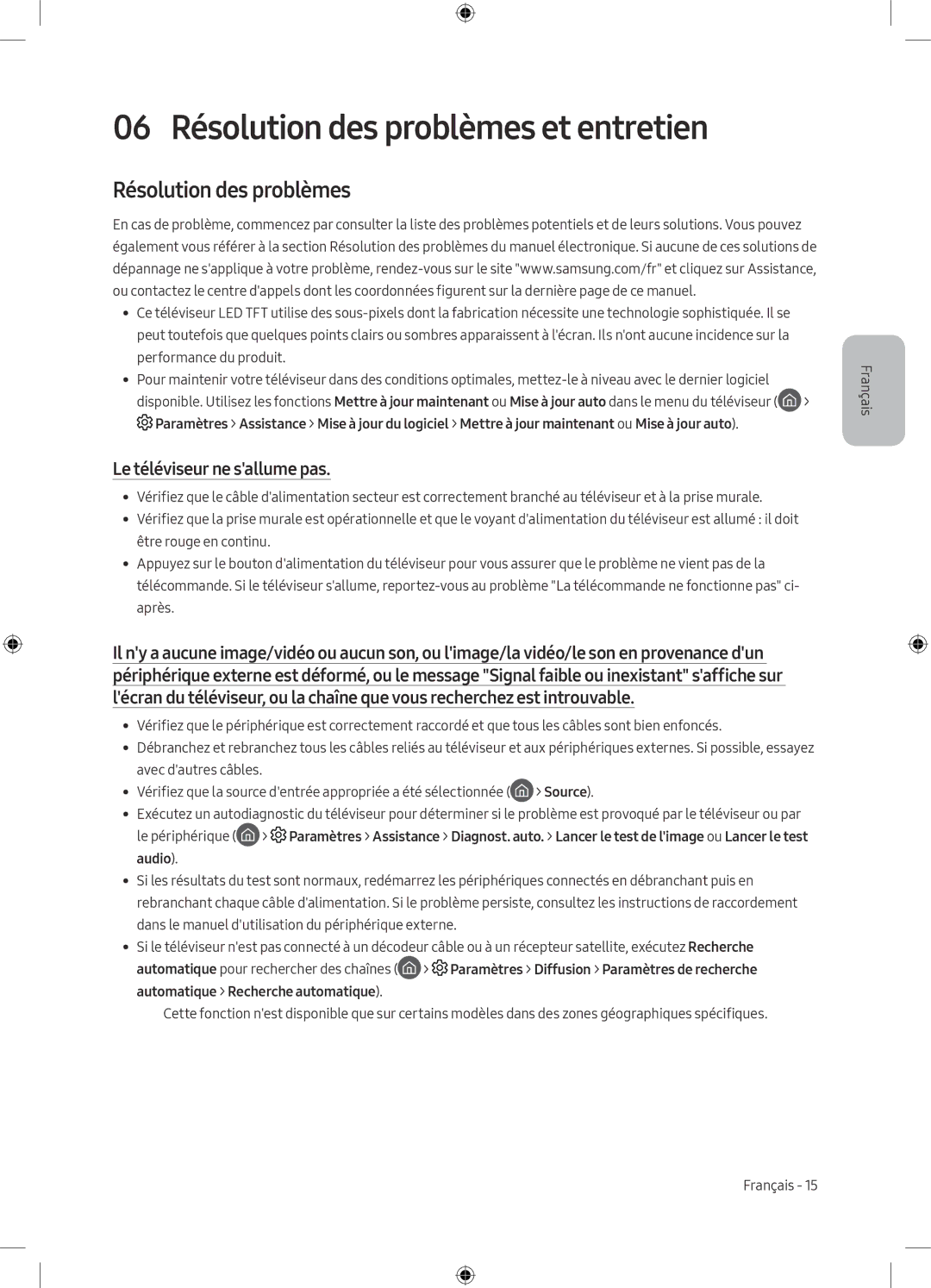 Samsung UE49M5580AUXZG, UE55M5570AUXZG manual 06 Résolution des problèmes et entretien, Le téléviseur ne sallume pas 