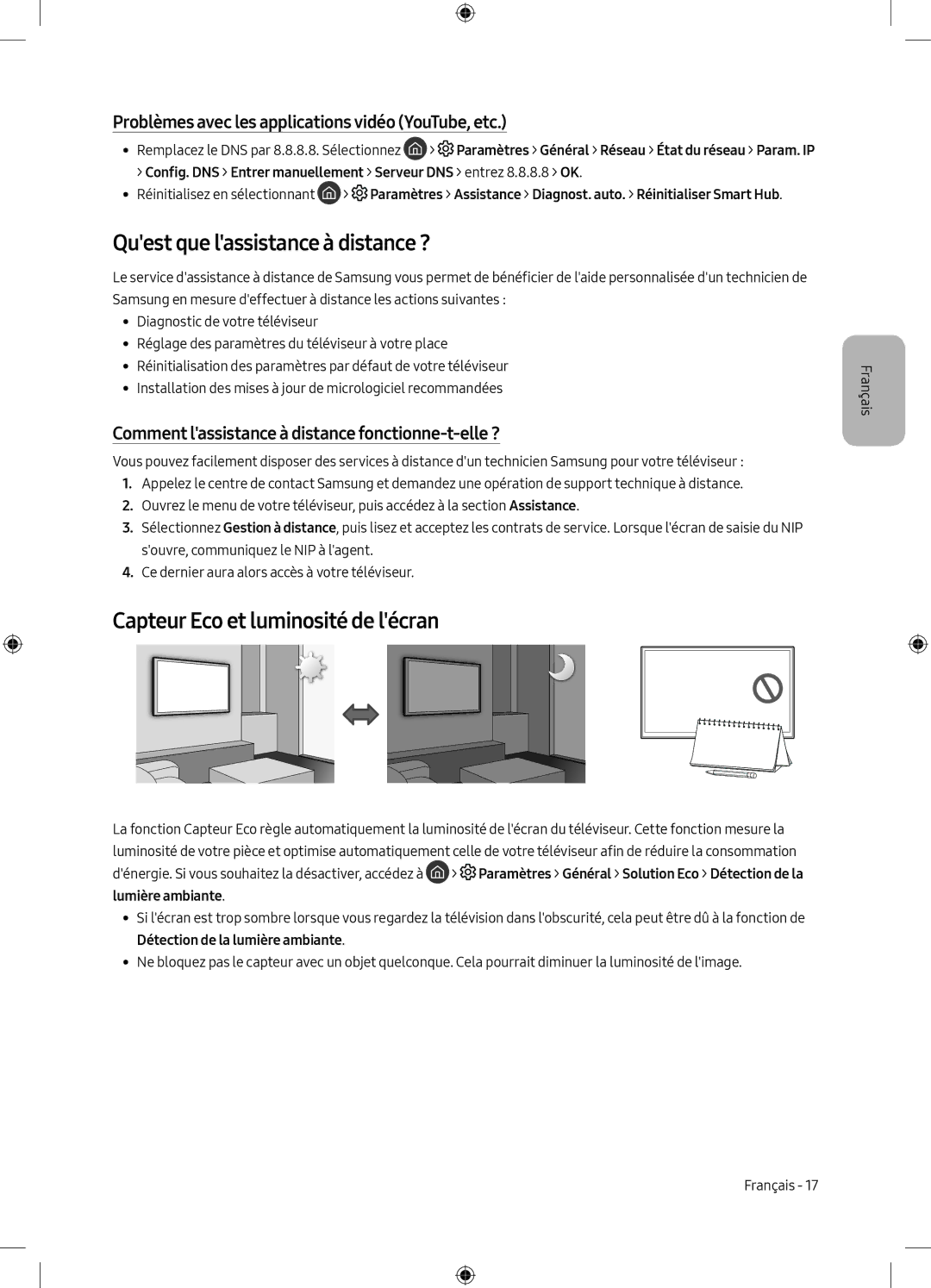 Samsung UE55M5580AUXZG, UE55M5570AUXZG manual Quest que lassistance à distance ?, Capteur Eco et luminosité de lécran 