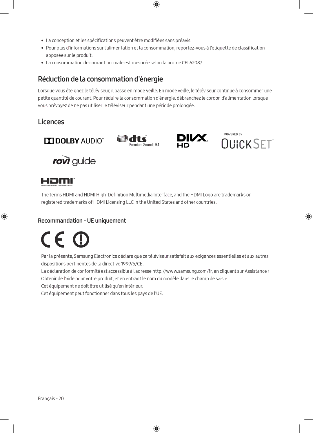 Samsung UE49M5670AUXZG, UE55M5570AUXZG, UE49M5580AUXZG Réduction de la consommation dénergie, Recommandation UE uniquement 