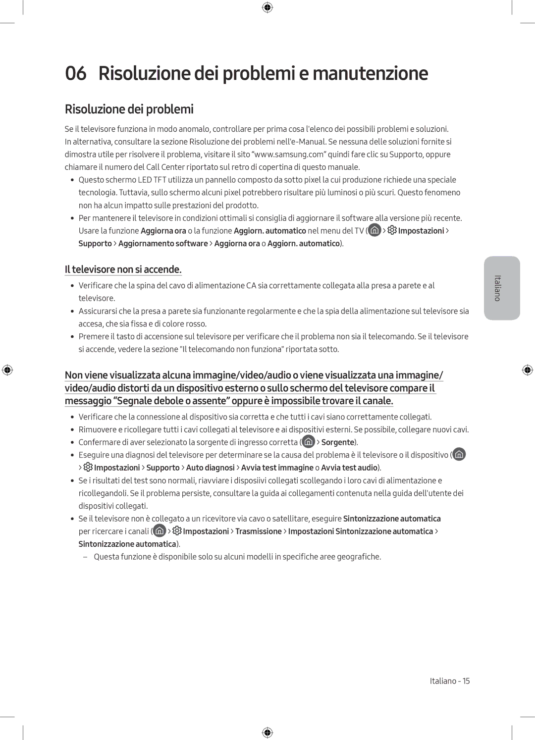 Samsung UE55M5580AUXZG, UE55M5570AUXZG, UE49M5580AUXZG manual Risoluzione dei problemi, Il televisore non si accende 