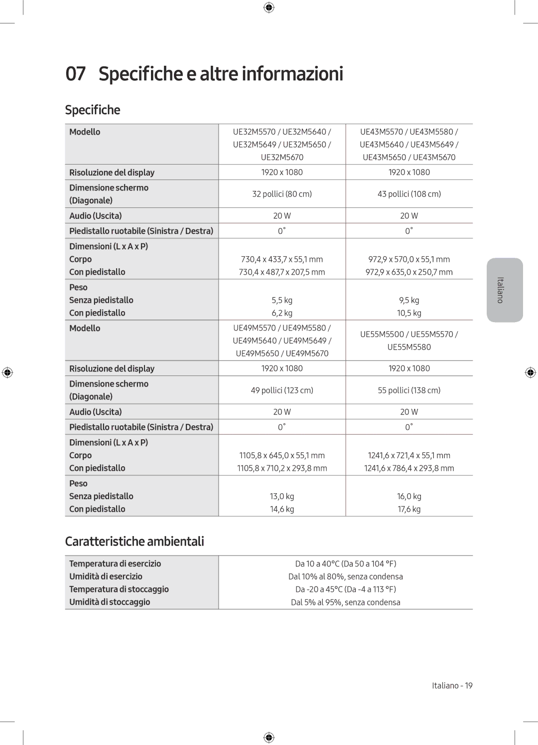 Samsung UE43M5570AUXZG, UE55M5570AUXZG, UE49M5580AUXZG manual Specifiche e altre informazioni, Caratteristiche ambientali 