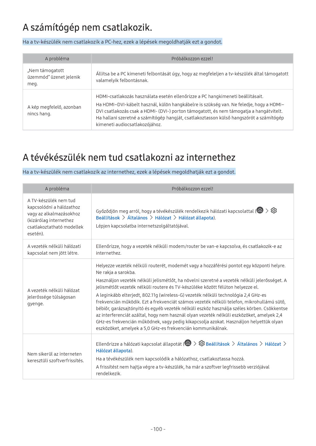 Samsung UE43M5510AKXXU manual Számítógép nem csatlakozik, Tévékészülék nem tud csatlakozni az internethez, Hálózat állapota 