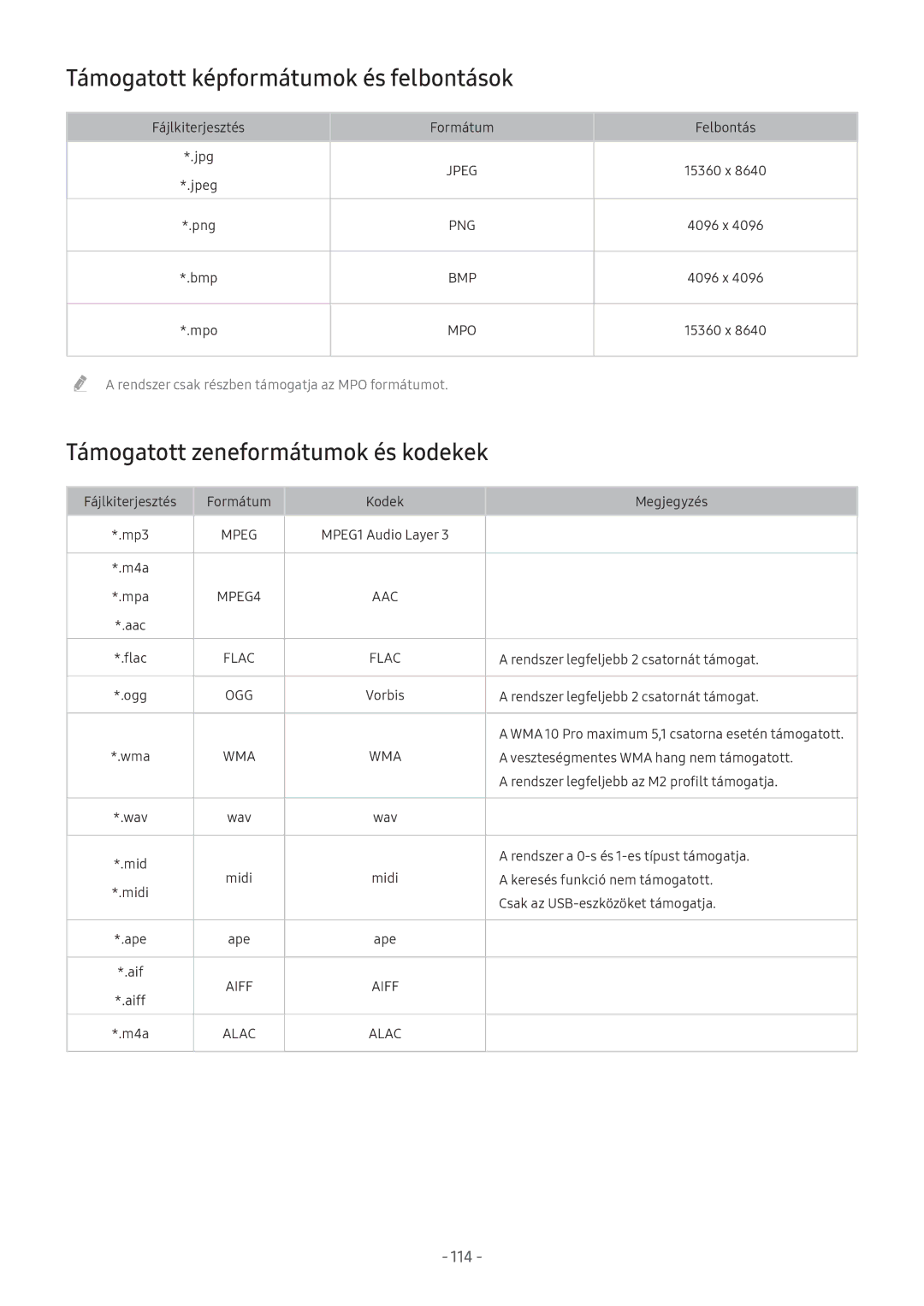 Samsung UE32M5500AKXXU, UE55M5570AUXZG manual Támogatott képformátumok és felbontások, Támogatott zeneformátumok és kodekek 