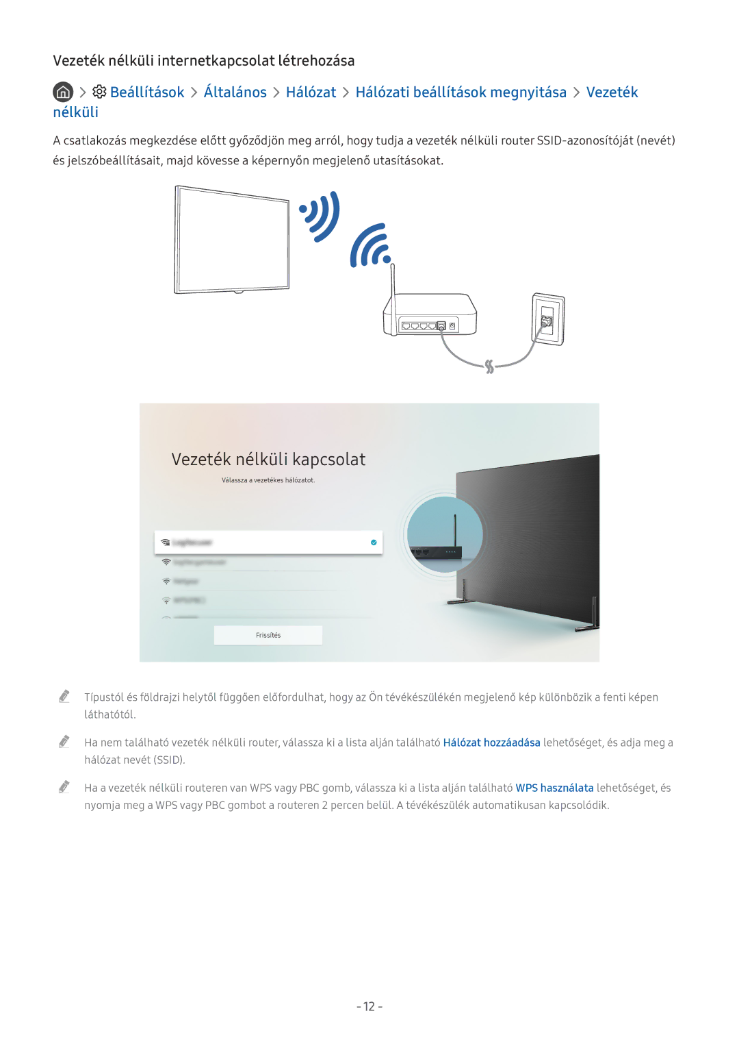 Samsung UE55M6379AUXZG, UE55M5570AUXZG manual Vezeték nélküli kapcsolat, Vezeték nélküli internetkapcsolat létrehozása 