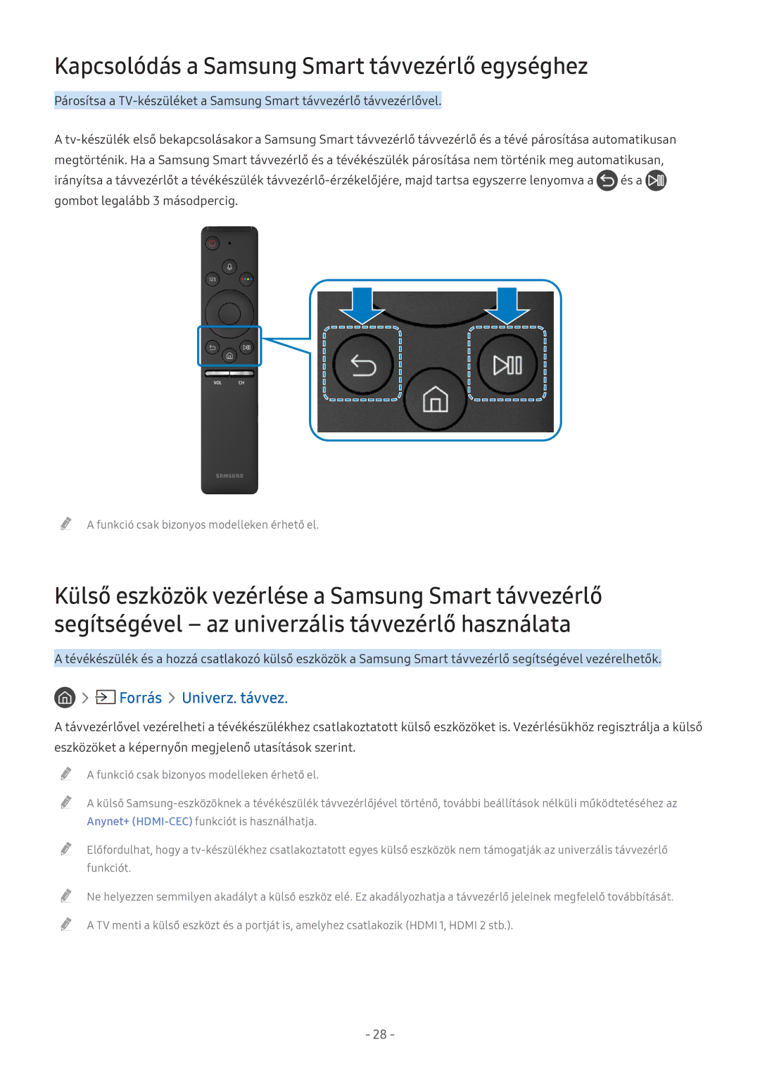 Samsung UE55M5672AUXXH, UE55M5570AUXZG manual Kapcsolódás a Samsung Smart távvezérlő egységhez, Forrás Univerz. távvez 