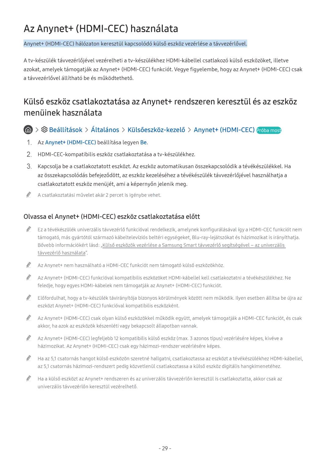 Samsung UE49M5602AKXXH manual Az Anynet+ HDMI-CEC használata, Olvassa el Anynet+ HDMI-CEC eszköz csatlakoztatása előtt 
