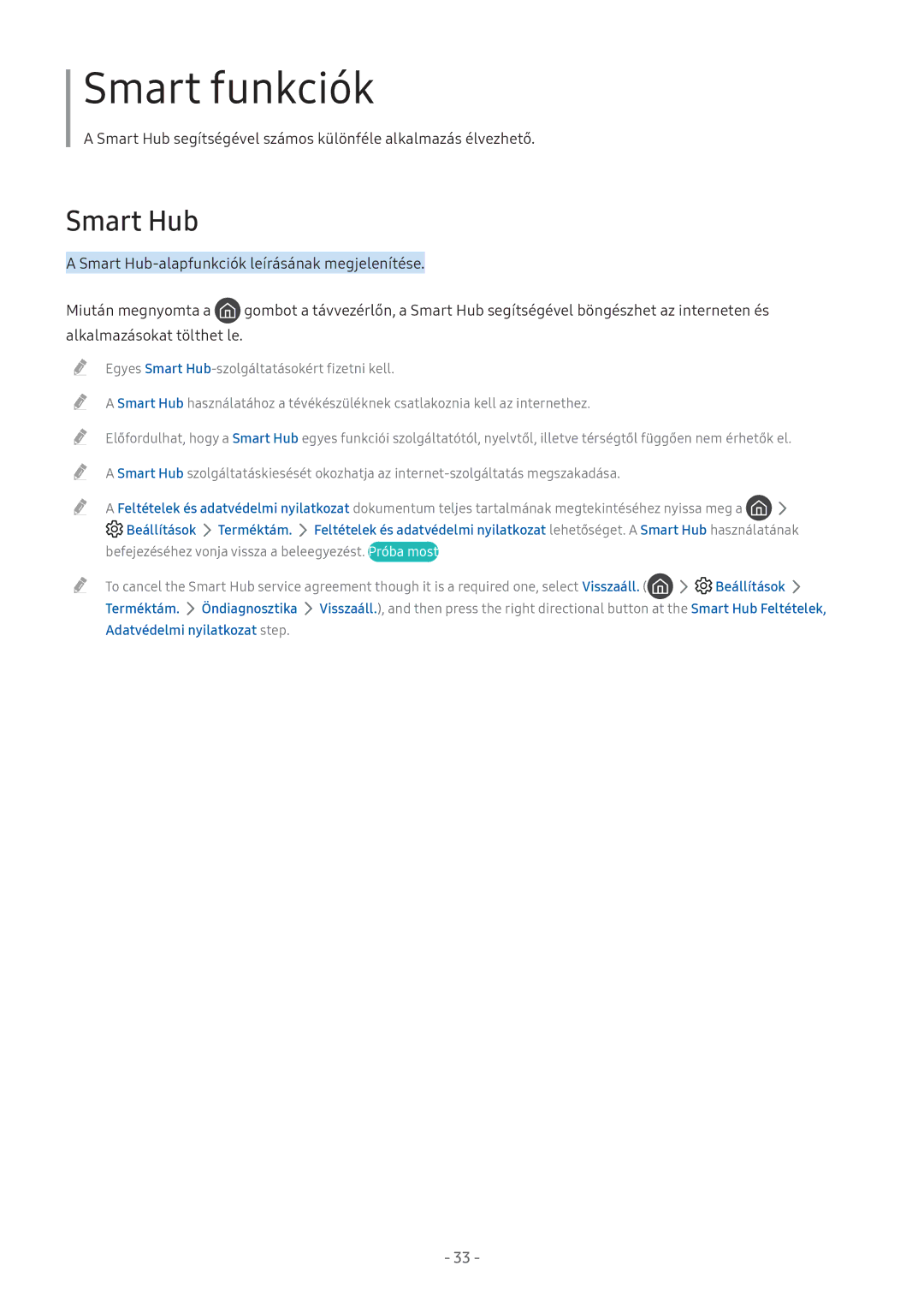 Samsung UE43M5575AUXXC, UE55M5570AUXZG, UE49M5580AUXZG, UE49M6379AUXZG Smart Hub, Terméktám, Adatvédelmi nyilatkozat step 