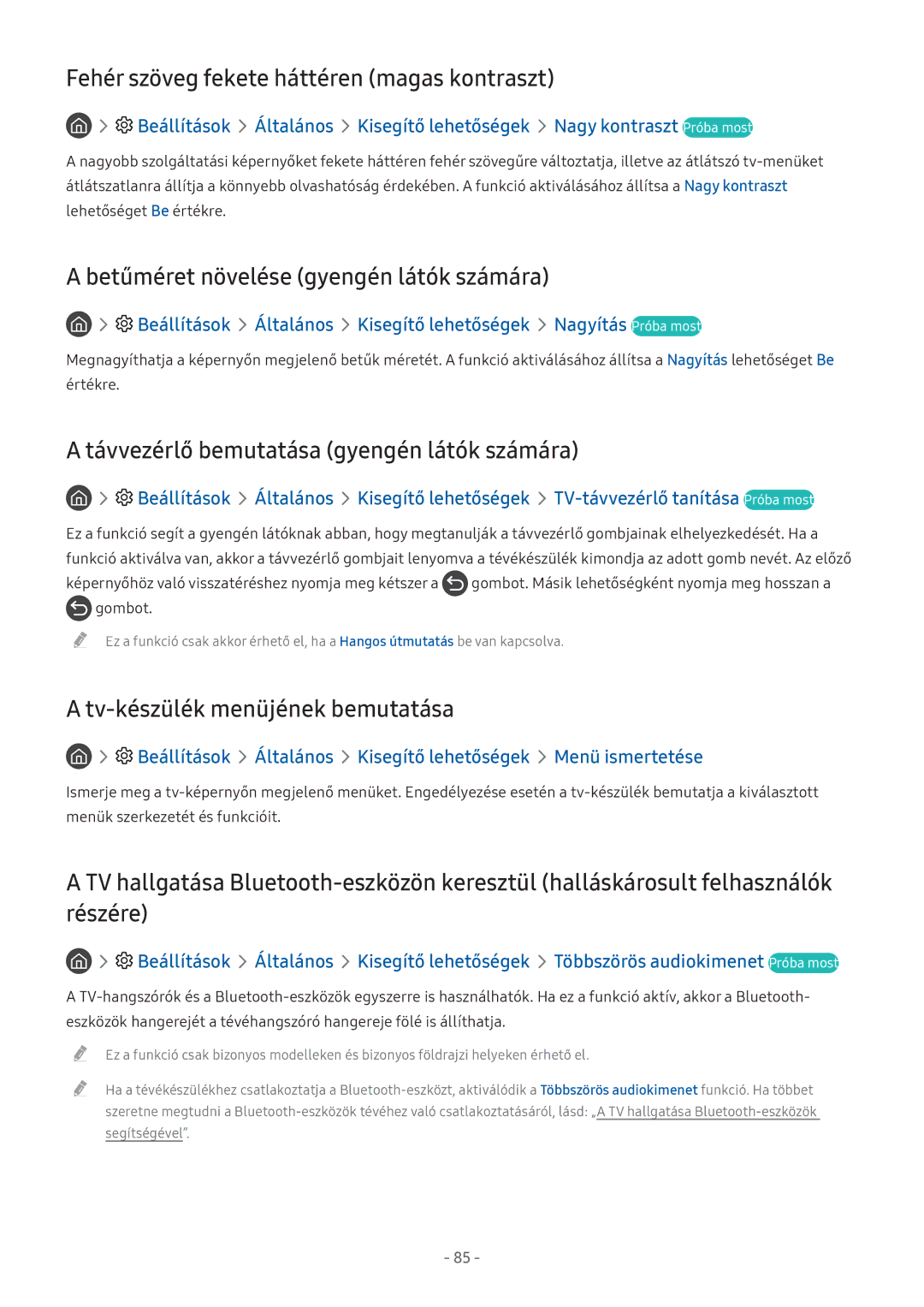 Samsung UE49M6500AUXSQ manual Fehér szöveg fekete háttéren magas kontraszt, Betűméret növelése gyengén látók számára 