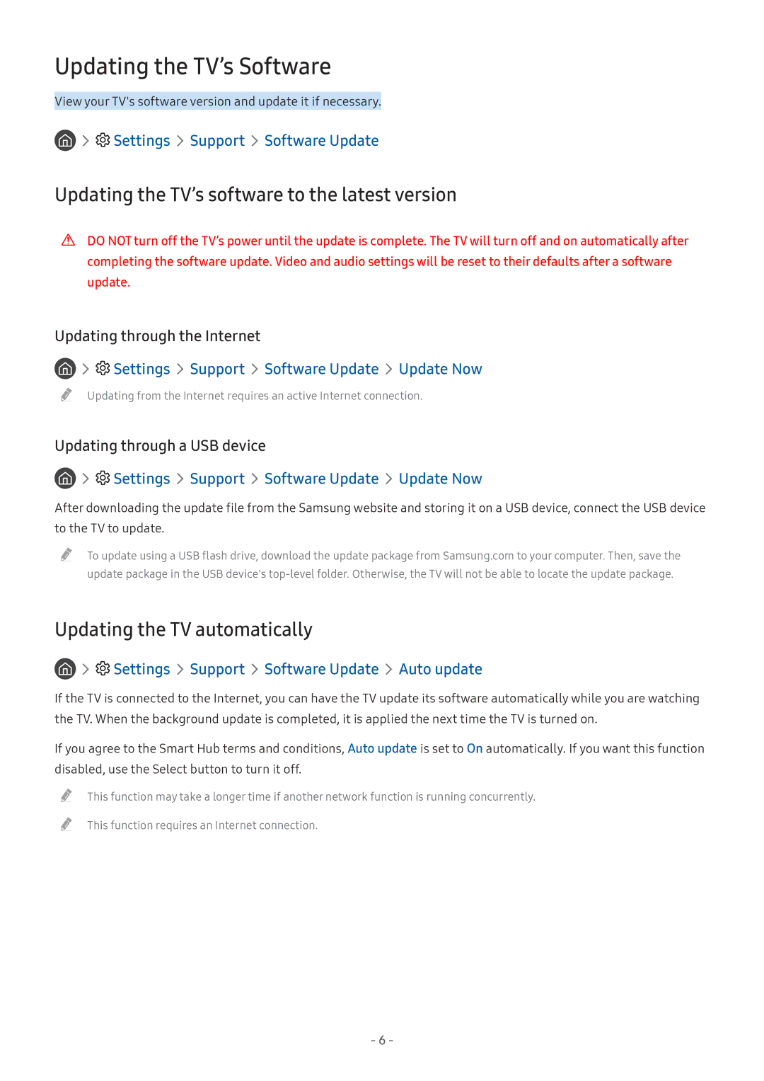 Samsung UE43M5590AUXZG, UE55M5570AUXZG manual Updating the TV’s Software, Updating the TV’s software to the latest version 