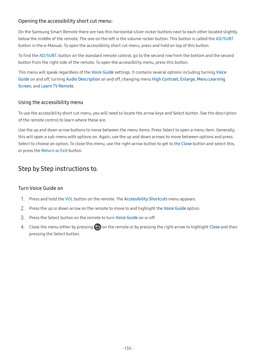 Samsung UE49M5500AKXXU manual Step by Step instructions to, Opening the accessibility short cut menu, Turn Voice Guide on 