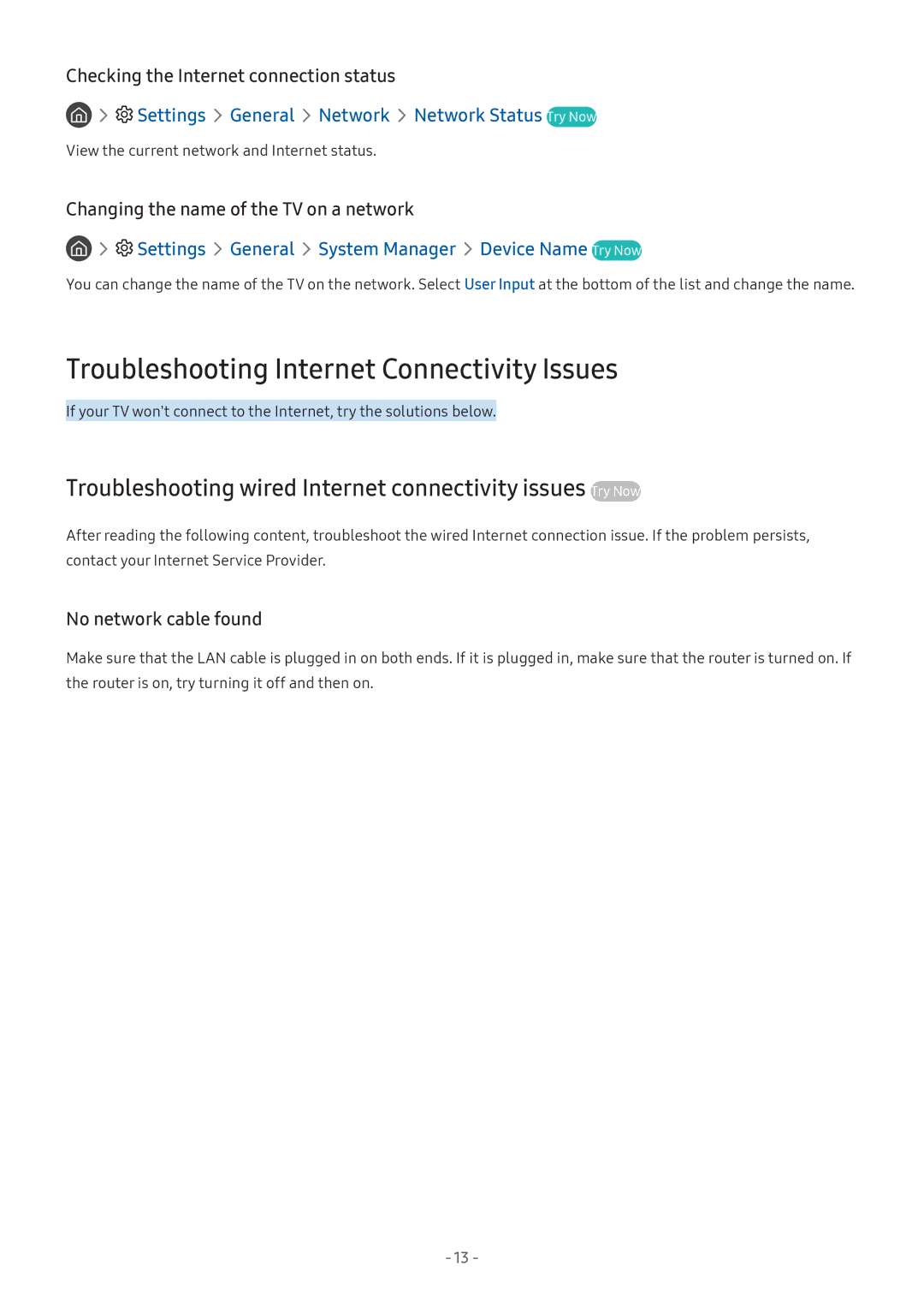 Samsung UE43M5570AUXZG manual Troubleshooting Internet Connectivity Issues, Settings General Network Network Status Try Now 