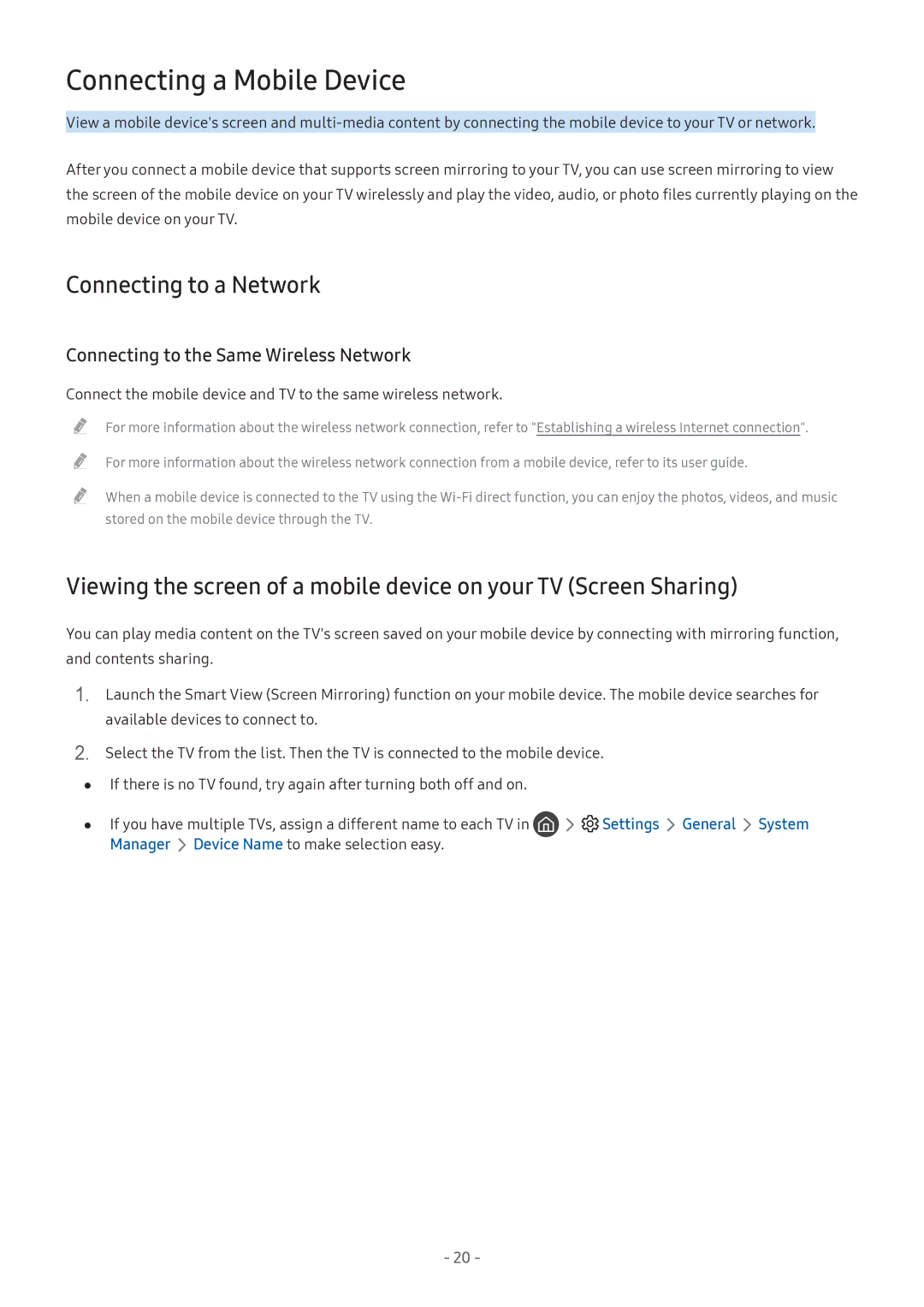 Samsung UE49M5640AUXZG manual Connecting a Mobile Device, Connecting to a Network, Connecting to the Same Wireless Network 