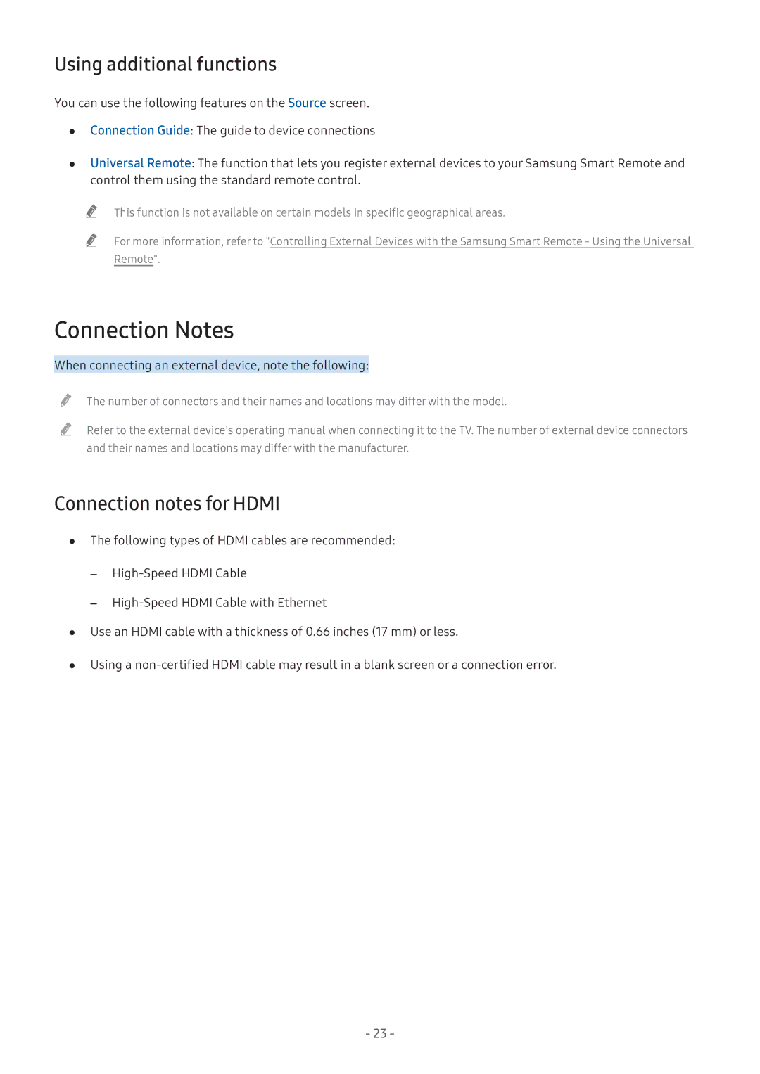 Samsung UE32M5602AKXXH, UE55M5570AUXZG manual Connection Notes, Using additional functions, Connection notes for Hdmi 