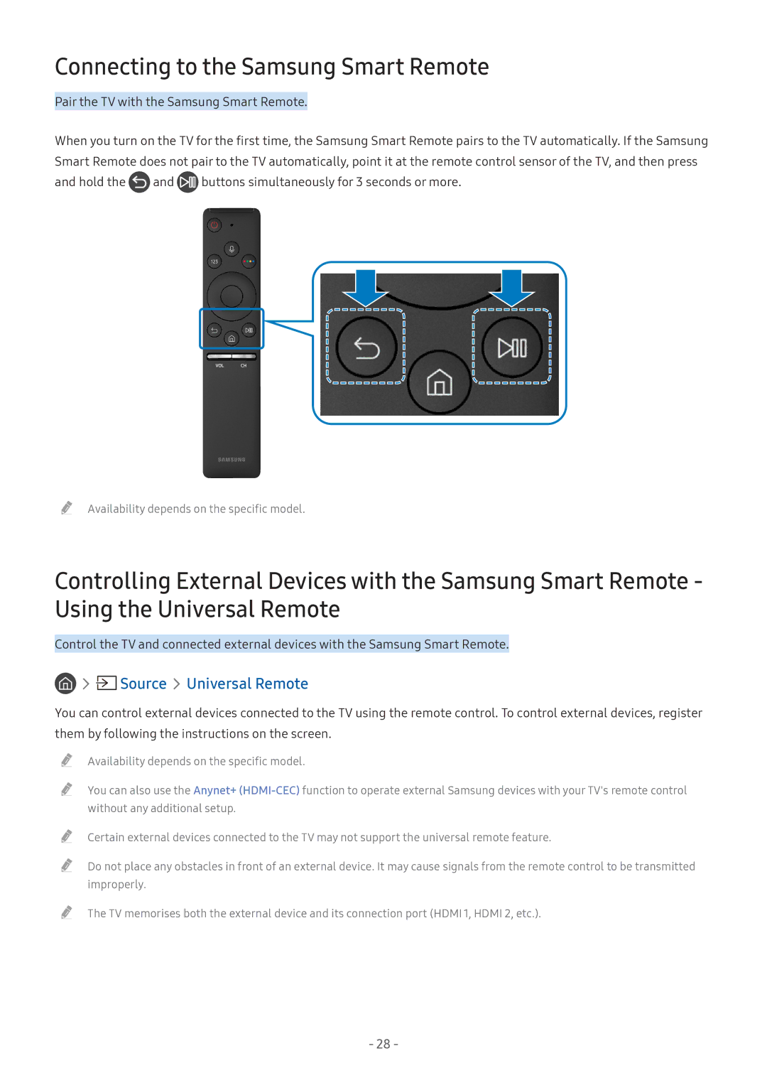 Samsung UE32M5572AUXXH, UE55M5570AUXZG, UE49M5580AUXZG manual Connecting to the Samsung Smart Remote, Source Universal Remote 