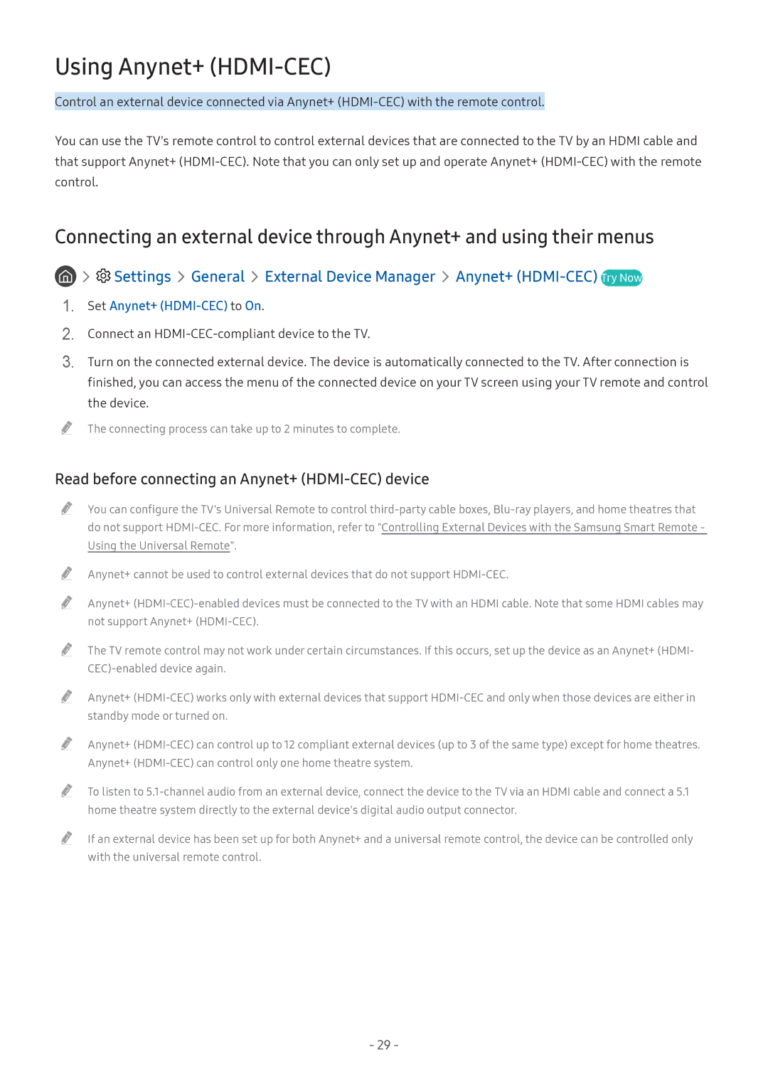 Samsung UE55M5502AKXXH, UE55M5570AUXZG manual Using Anynet+ HDMI-CEC, Read before connecting an Anynet+ HDMI-CEC device 